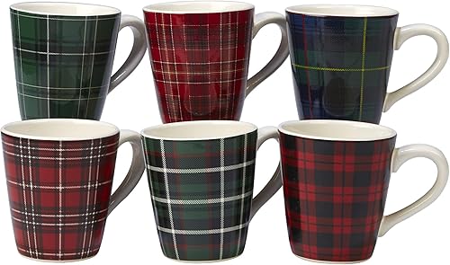 Certified International Taza de Navidad a cuadros de 16 onzas, juego de 6 diseños surtidos, 6 unidades (paquete de 1),