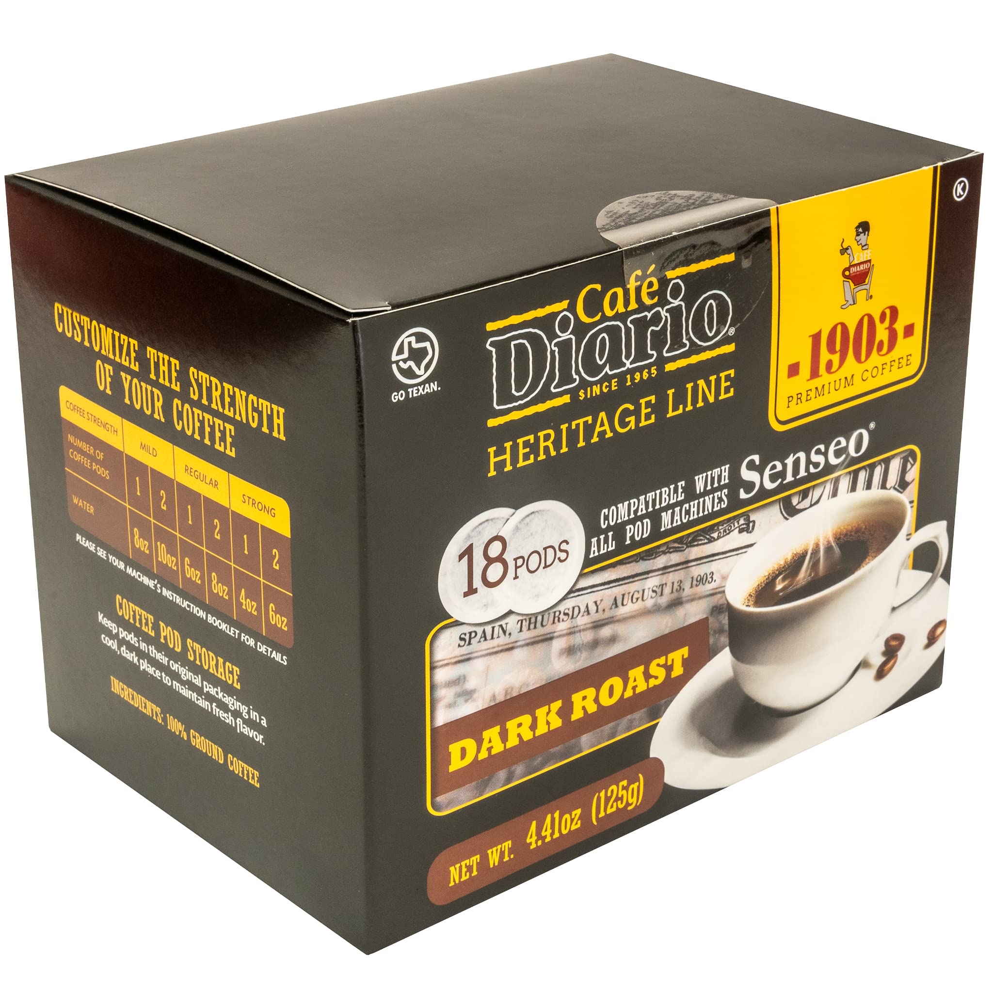 Cafe Diario Heritage Line 1903 Coffee Pods, Dark Roast, 18 Count (Pack of 6)