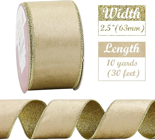 Miniatura 2 de HUIHUANG Cinta de terciopelo champán con alambre de 2-12 pulgadas, cinta de Navidad dorada champán con respaldo dorado con purpurina, para árbol de