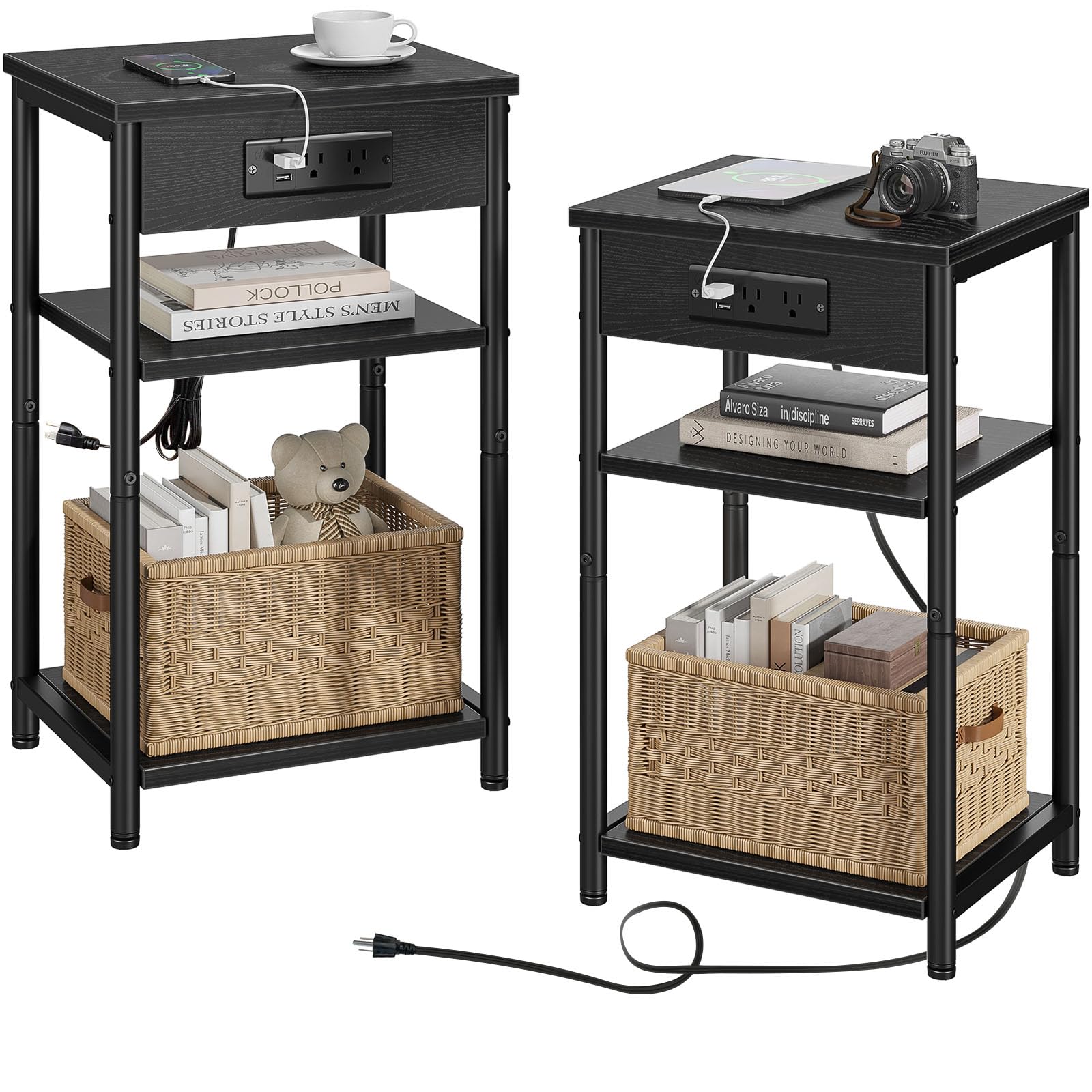 Rolanstar End Table with Charging Station, Night Stand with 3 Storage Shelves, Narrow Side Table with USB Ports & Power Outlets, Small Bedside Table for Living Room, Bedroom (2, Black)