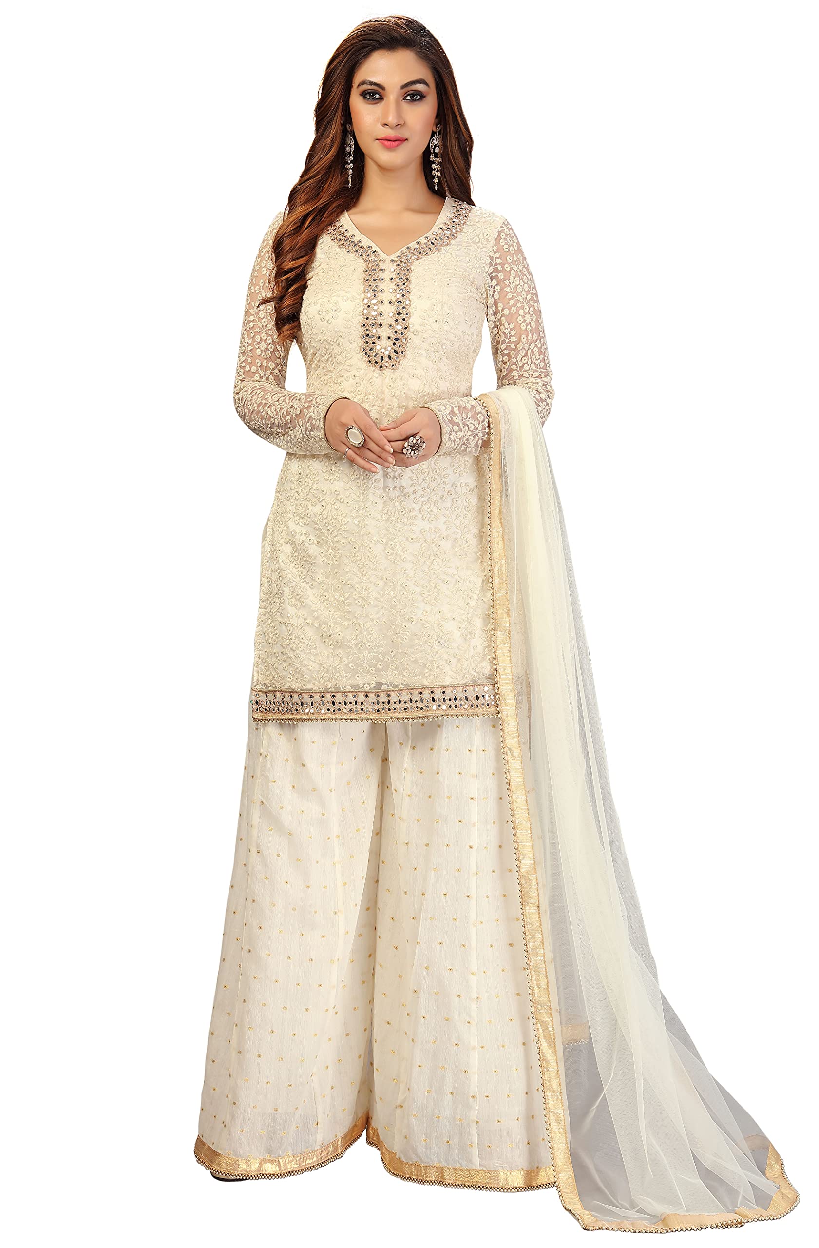 PANASH TRENDSWomen's Net Embroidery Sharara Salwar Suit Set - Stitched
