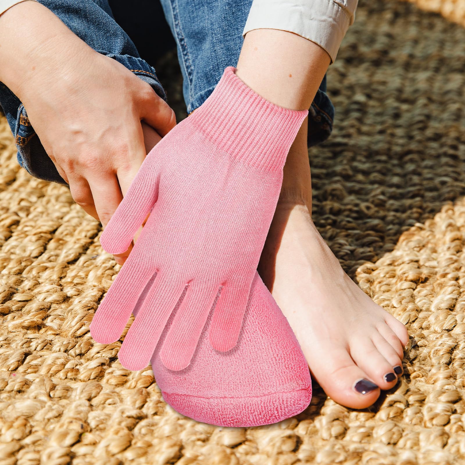 2 Juegos Calcetines Hidratantes de Spa y Guantes Hidratantes de Algodón Rosa, de Calcetines de Guantes, Liberación Continua de Aceite Mineral, Cobertura Completa, para Invierno