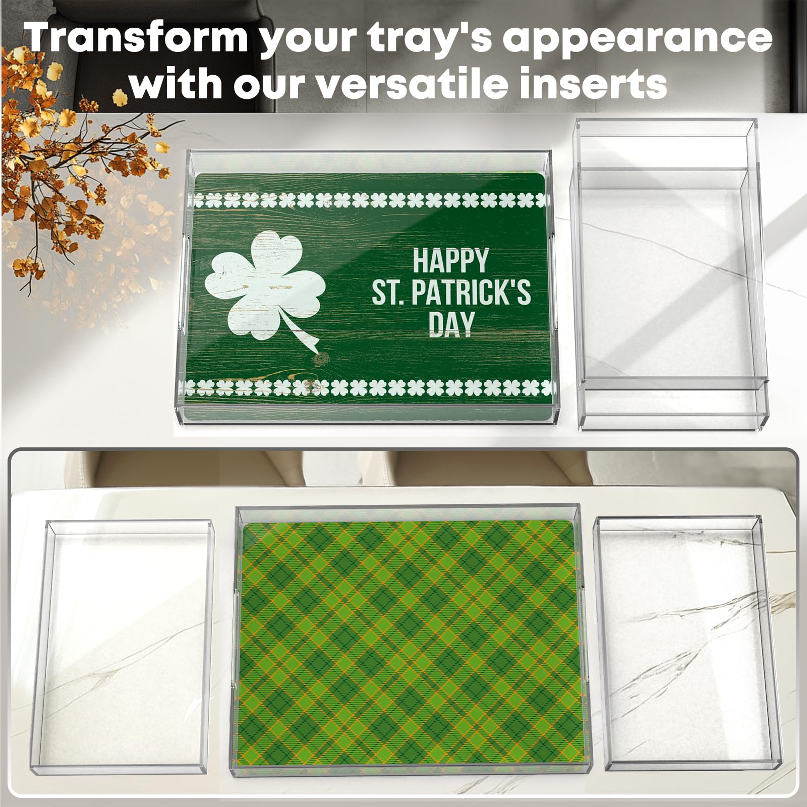 Qdetak 3PCS Clear Acrylic Tray Set with Handles, Decorative Serving Trays with Interchangeable Inserts, for Breakfast, Makeup Organizer, Coffee Table, Bar or Home Decor