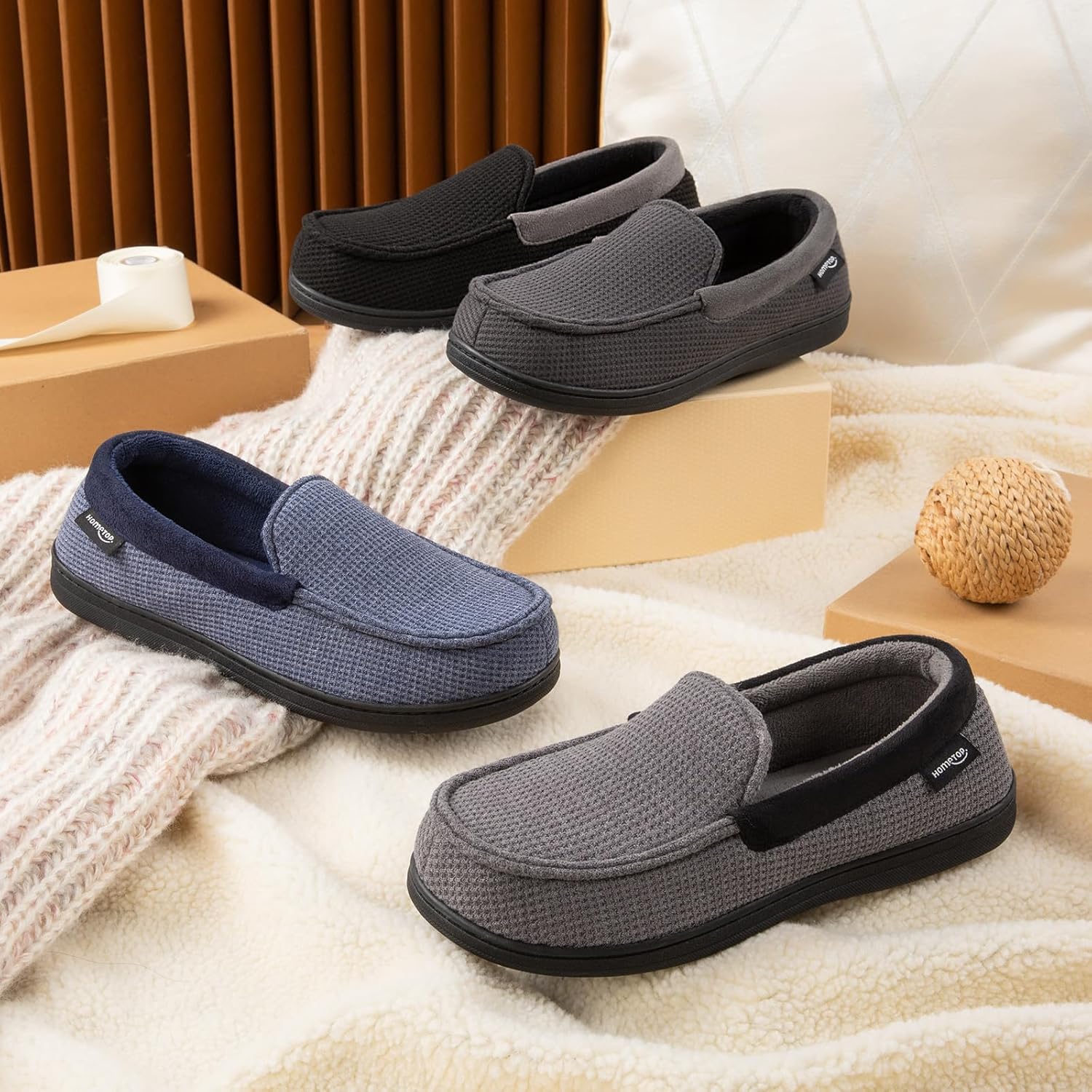 HomeTop Men's Comfort Memory Foam Moccasin Slippers, Breathable Cotton Knit Terry Cloth House Shoes for Indoor Outdoor - Image 7