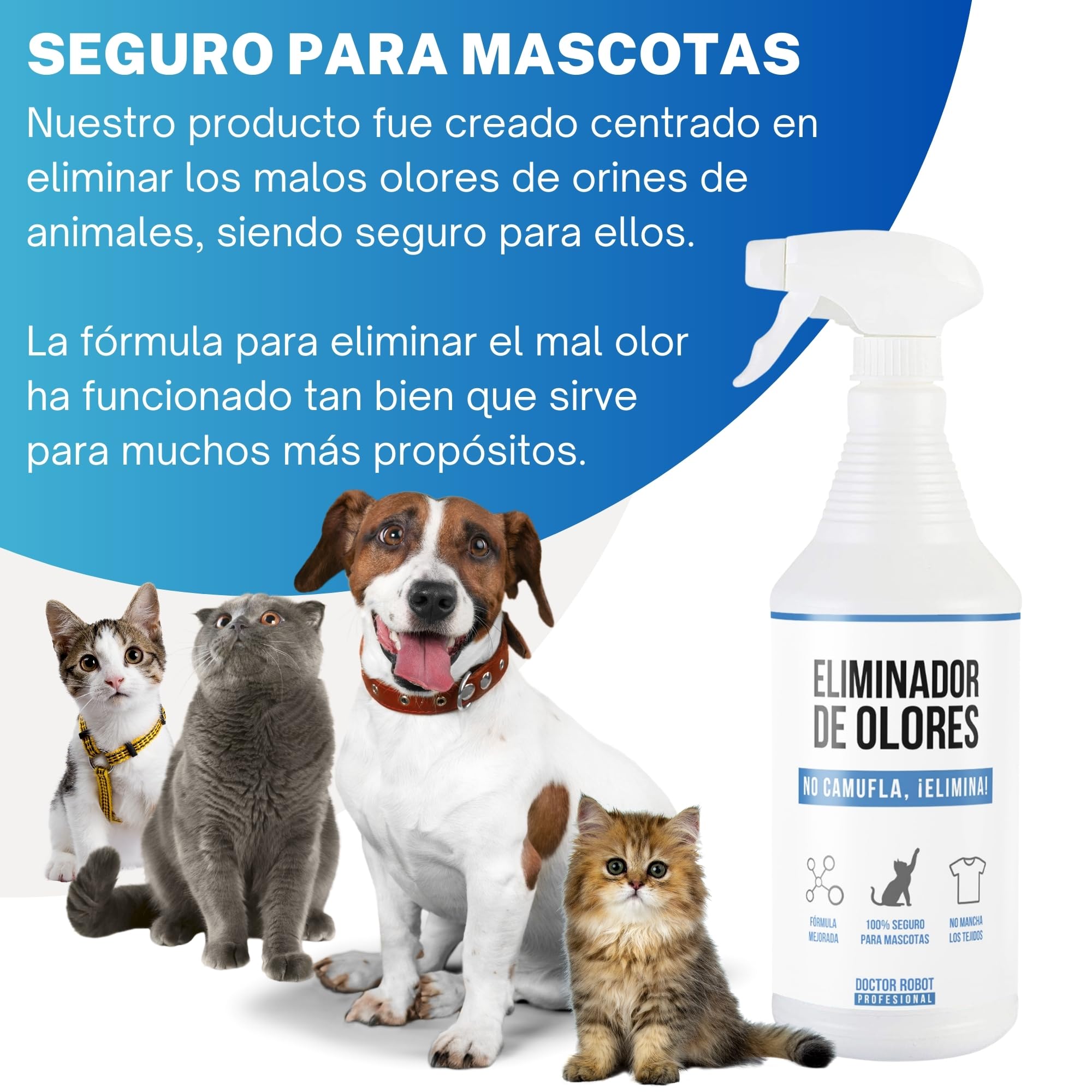 Eliminador de olores instantaneo - Anti Olor orina de Gato, Perro, Tabaco, Humedad, Basura. Seguro para Animales y Tejidos. No camufla, Elimina.