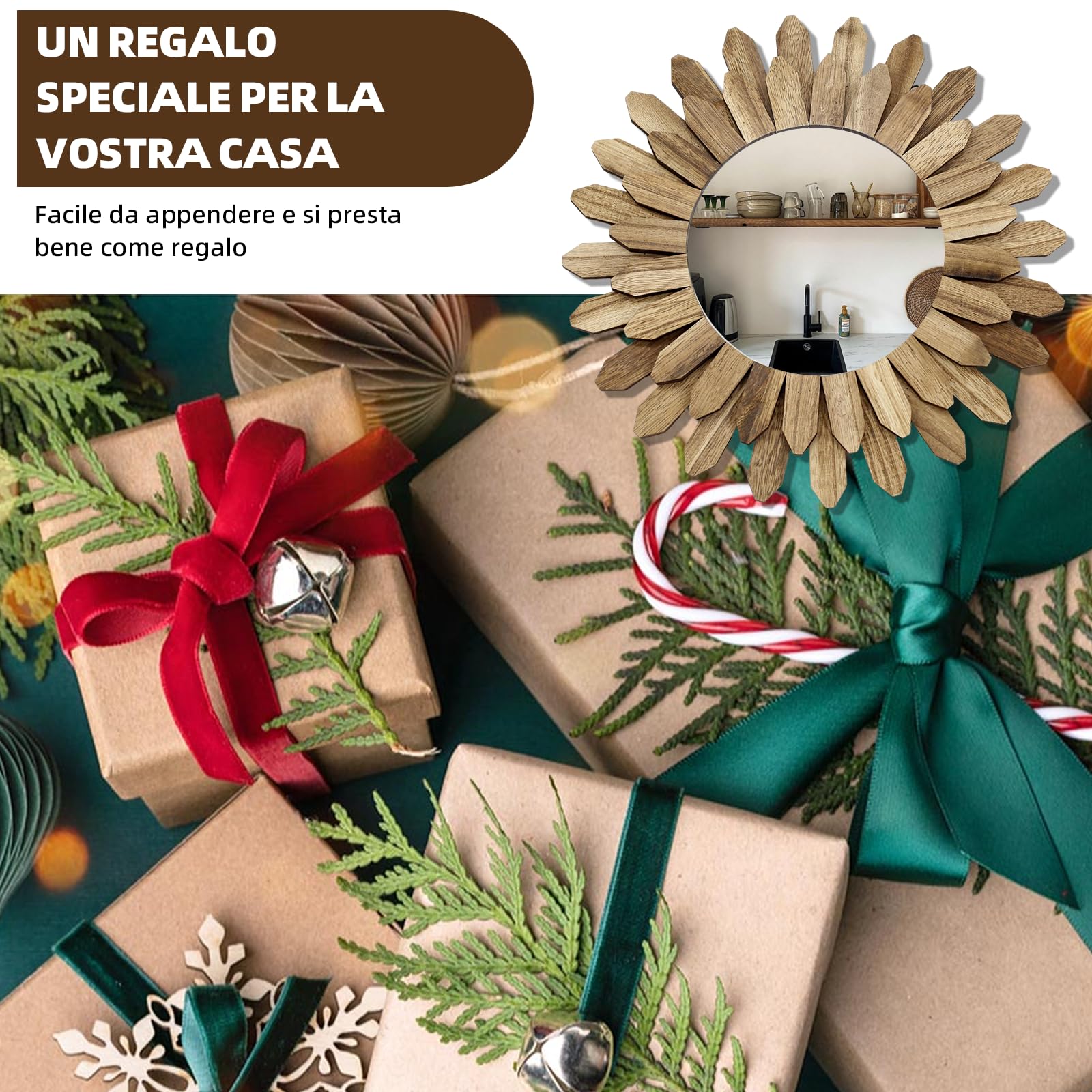 Specchio da Parete Bohemian, 30 cm di Diametro, Design Sunburst Rustico in Marrone, Specchio Decorativo con Effetto Legno per Soggiorno, Camera da Letto, Corridoio, Decorazione Boho e Parete