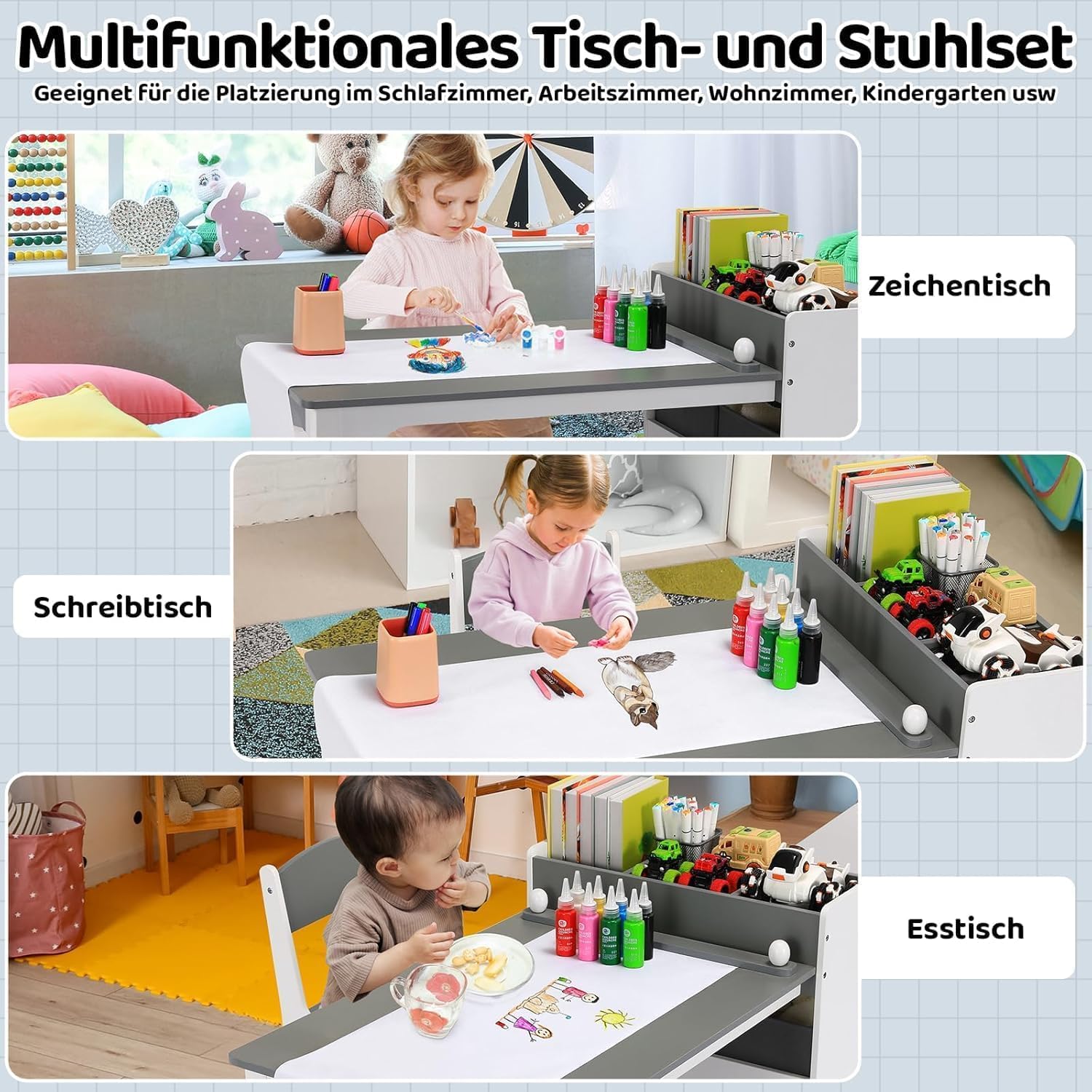 MAMIZO Kindertisch mit 2 PCS Stühlen, Maltisch & Basteltisch Kinder, Tisch & Stühle Kinderzimmer Set, Spieltisch mit Stauraum für Kinder ab 3 Jahren (Grau Weiß)