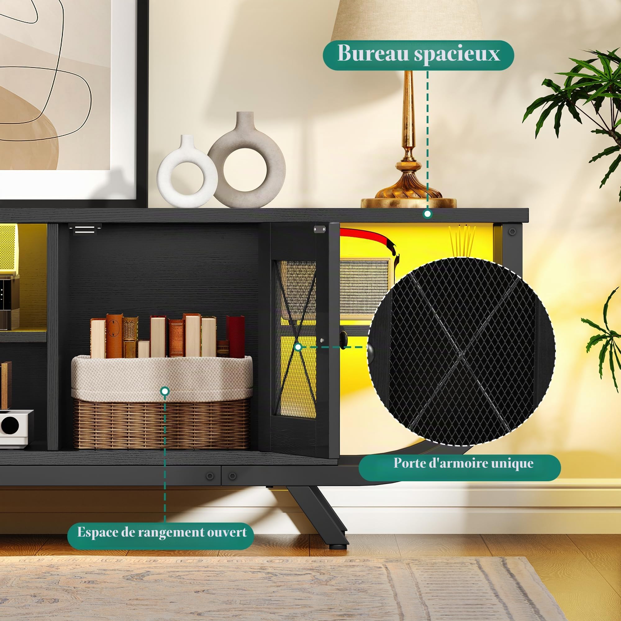 YITAHOME Meuble TV Industriel, Meuble Télé 160 cm Longueur pour Téléviseur Jusqu’à 65 Pouces avec Rangement Spacieux, Éclairage LED RGB, Cadre en Métal, Meuble Tele Salon, Chambre, Noir