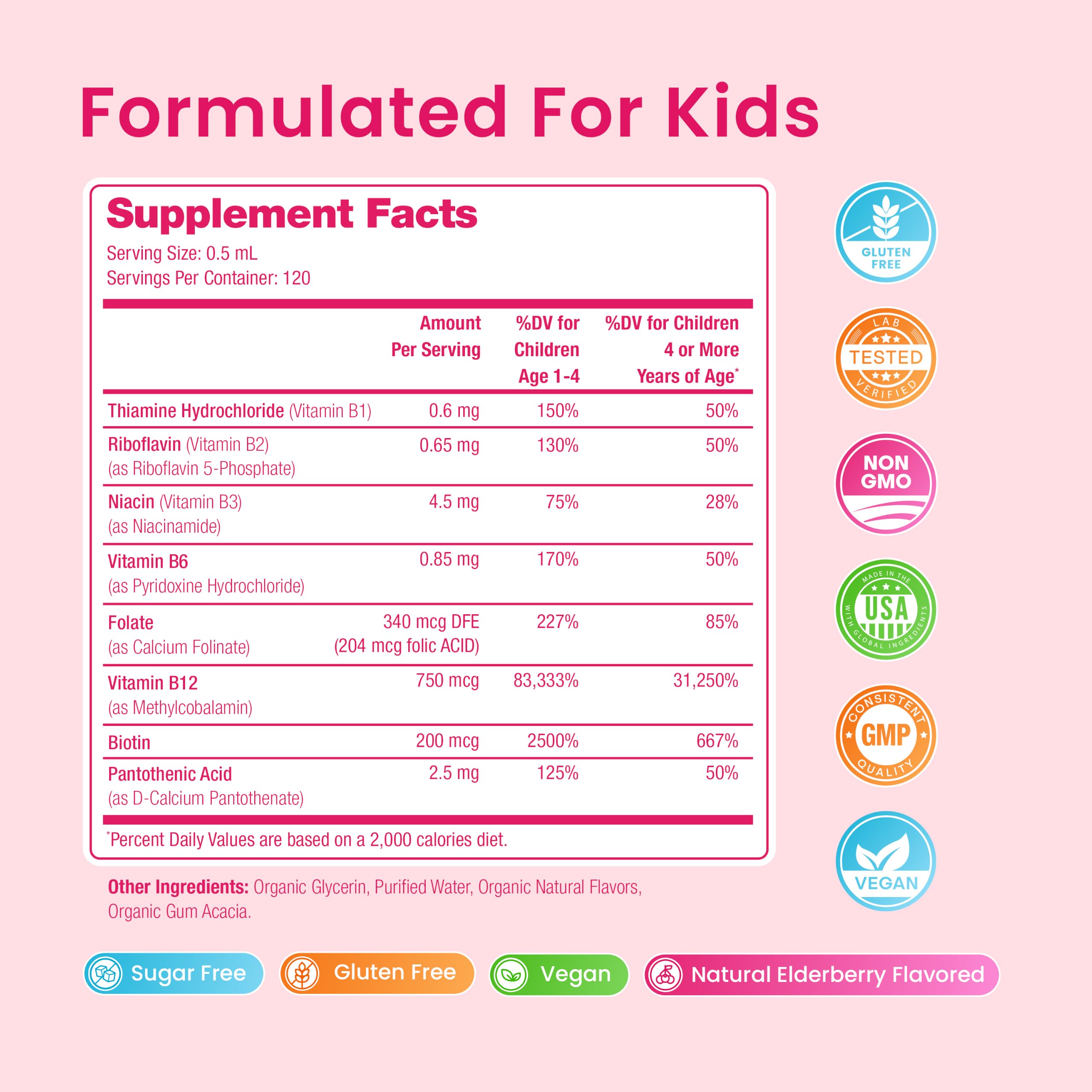 NutraChamps Organic Vitamin B Complex for Kids, B1, B2, B3, B5, B6, B7, B9 & Methyl B12, Kids B Complex Liquid Drops Supplement, Natural Berry, 120 Servings, 4 Month Supply — Amazon image 4