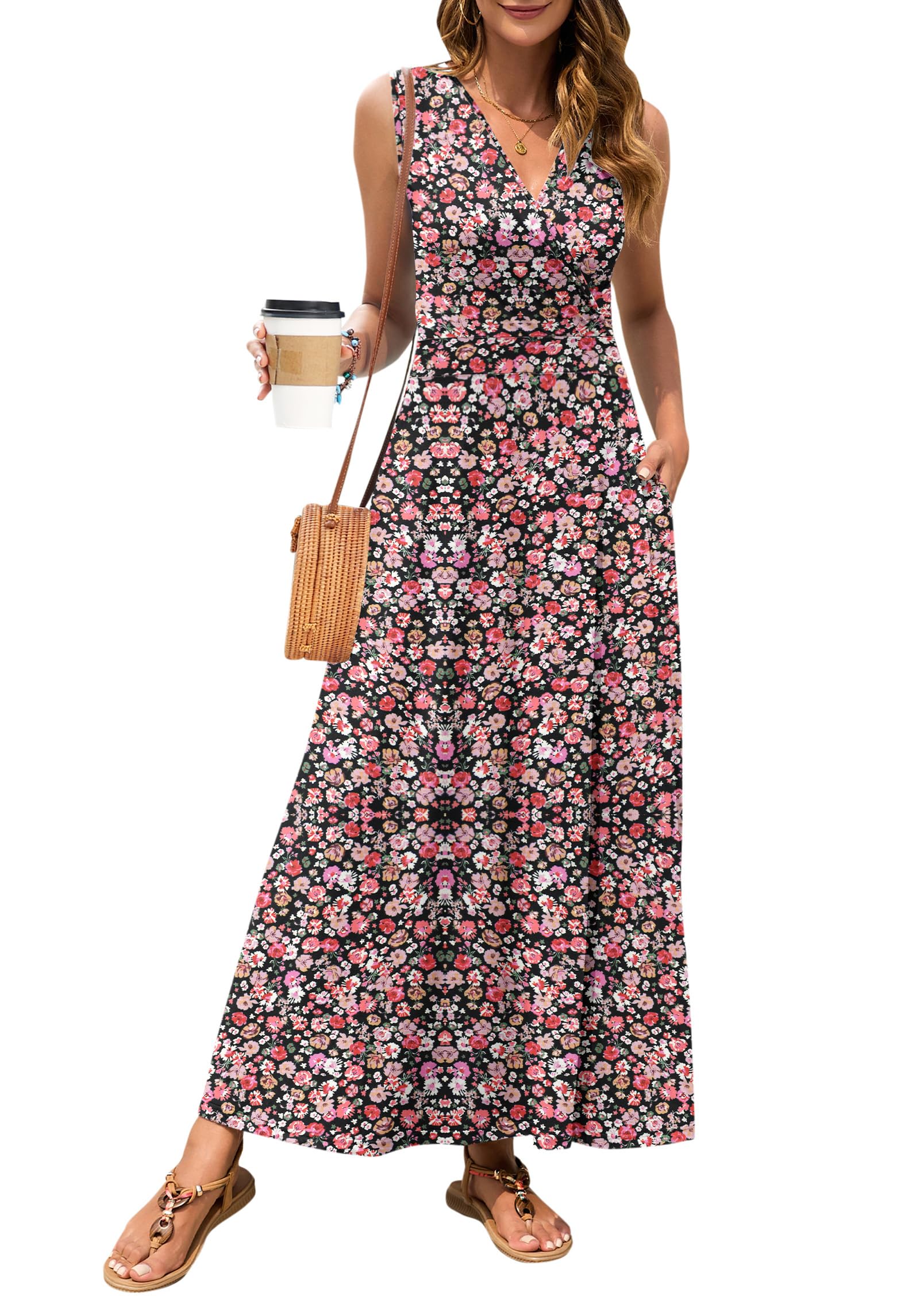 MISFAY Maxi abito estivo da donna 2025 estivo casual senza maniche prendisole avvolgente scollo a V abiti lunghi vacanza abito ampio con tasche