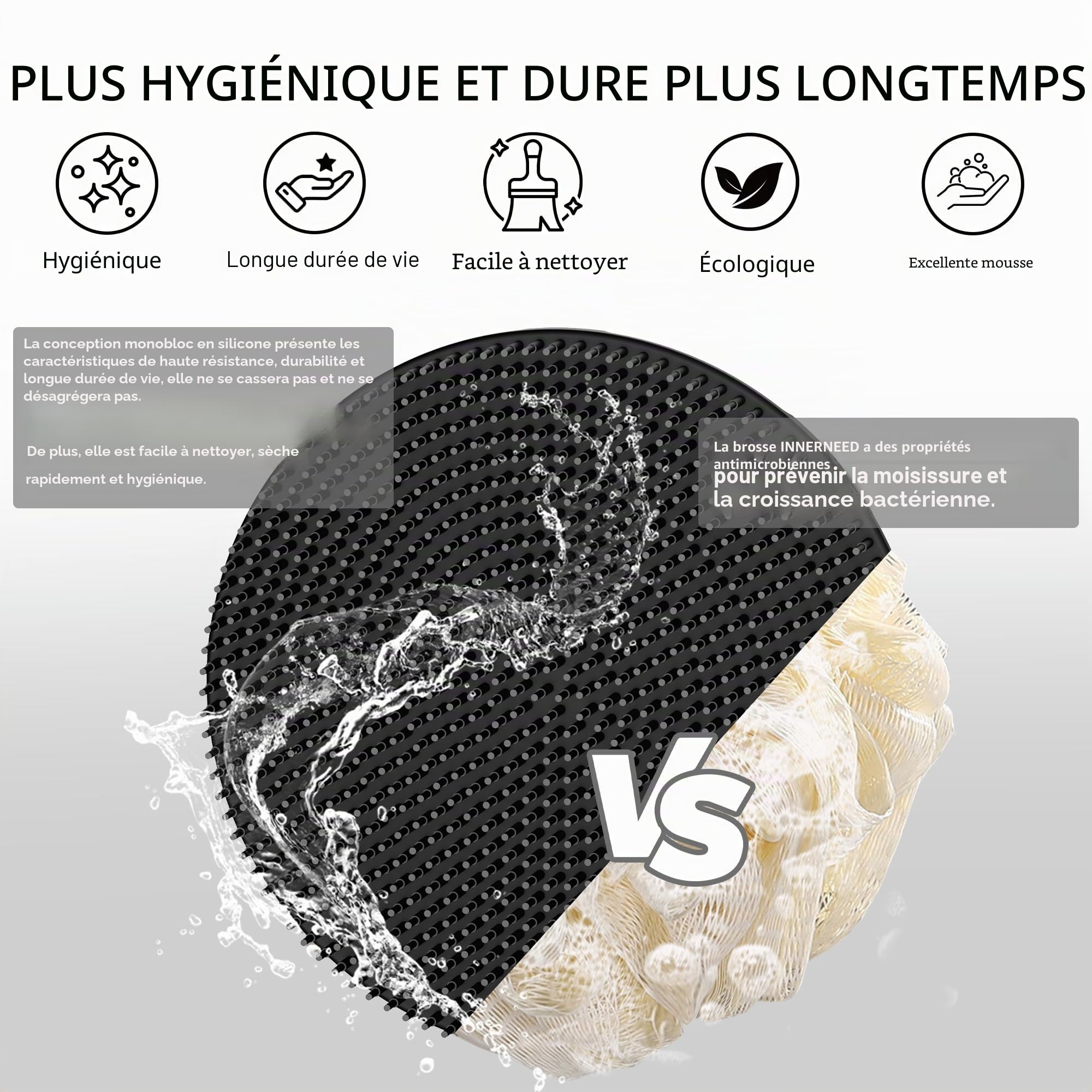 INNERNEED Brosse de douche en silicone souple de qualité alimentaire, exfoliante douce et moussante (noir)