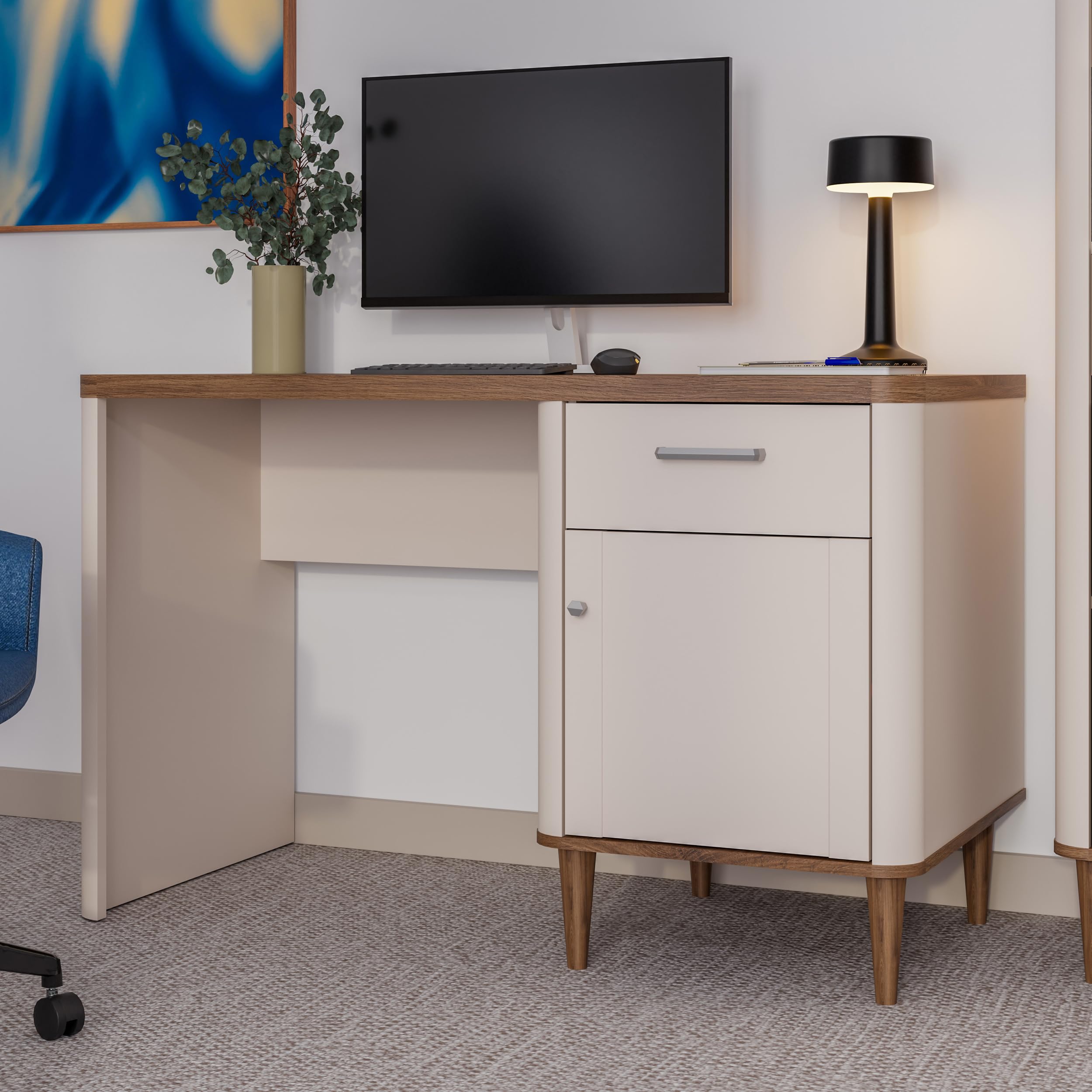 Forte LACETTI Schreibtisch 120, eleganter Schreibtisch mit hohen Möbelbeinen, Büro, Jugendzimmer, Holzwerkstoff, Kaschmir-Beige-Valencia Eiche Holzdekor, 120 cm breit x 75,8 cm hoch x 60 cm tief