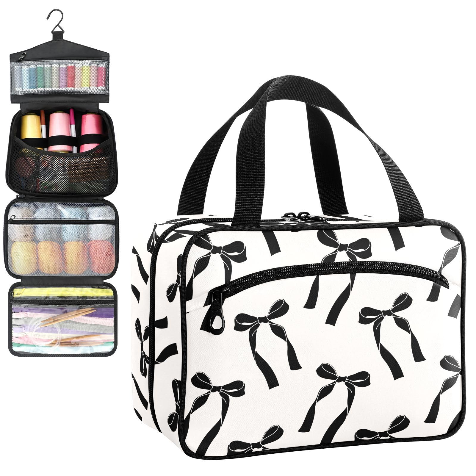 YNNALE Sewing Supply Organizer Bag, Designed Black Bow Beige Colored Portable Sewing Bags with Pockets&Hanger, Sewing Storage Box Case for Sew Supplies/Kit/Tools/Accessories (BAG ONLY)
