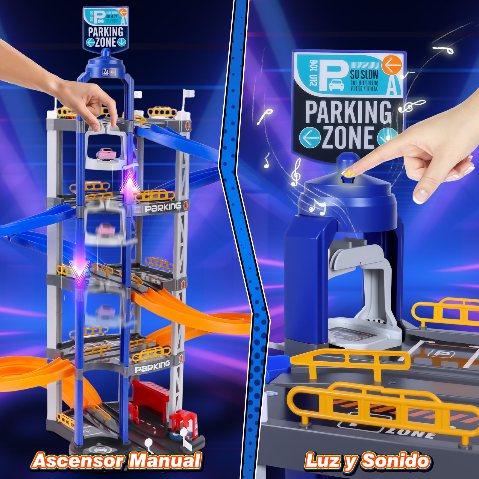 Charmofun 5 Plantas Garaje Coches Juguete, Parking Coches Juguete Gran Parking Infantil con 8 Autos, Ascensor, Rampa Doble, Luz Y Sonido, Pista Coche Niños 3 4 5 6 7 8 Años
