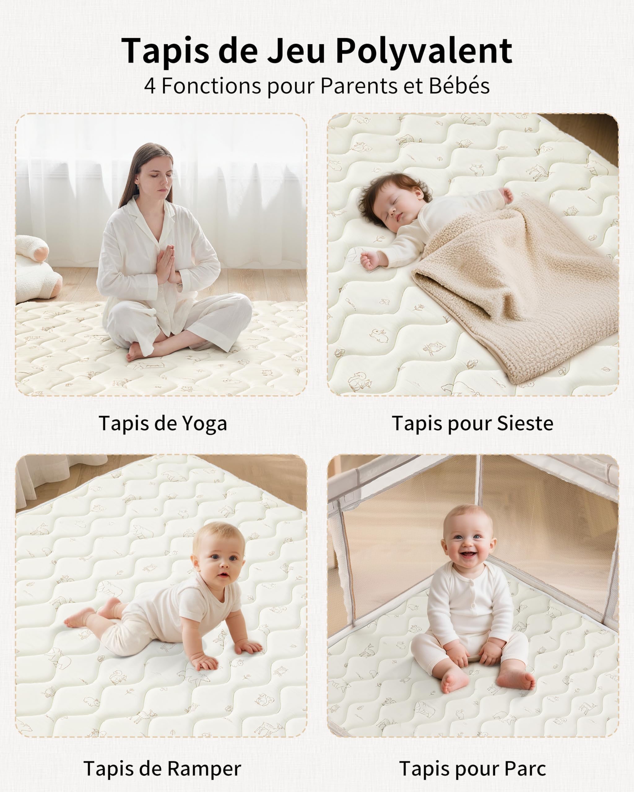 Tapis Bébé Pliable 120x120cm Antidérapant Matelas Mousse Lavable Motricité Sol Parc 0-24 Mois Forêt Beige