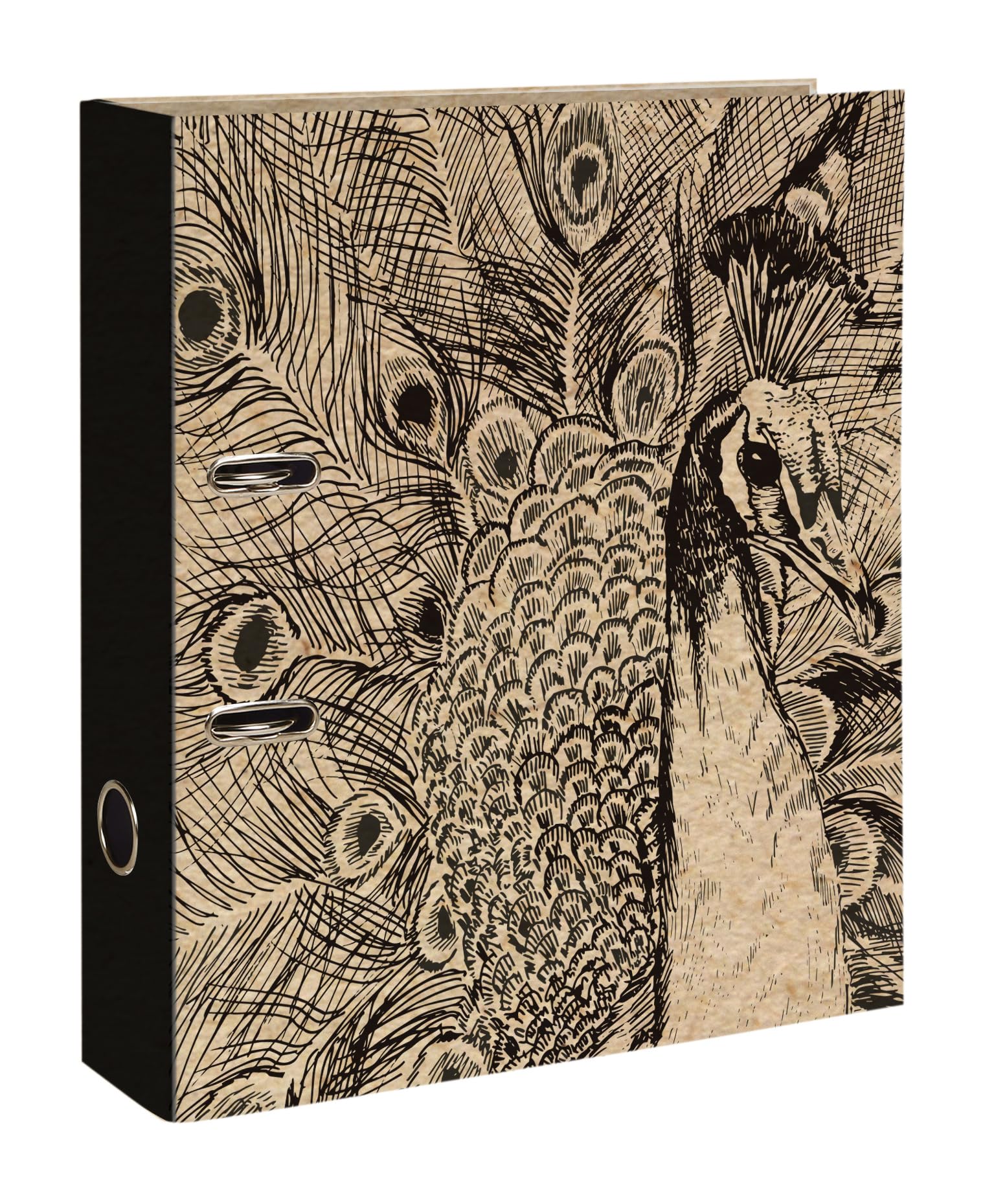 Clairefontaine 116050C - A Lever Arch File in Nature/Peacock/Peacock Feather Kraft Pattern Cardboard - Spine 70mm - A4 - Le Cerisier Blanc Collection