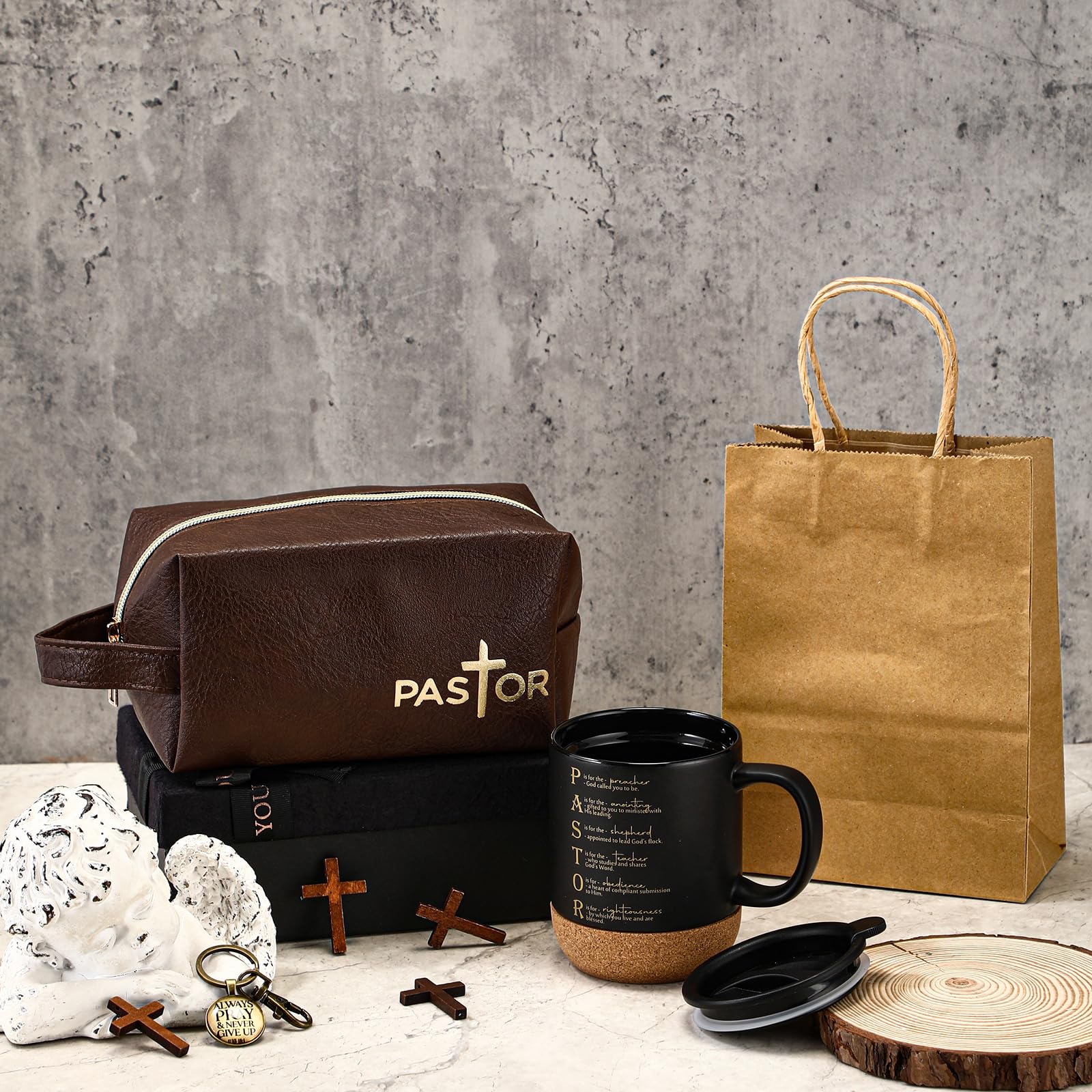 Dansydaisy 3 Pcs Fathers Day Church Gifts 13.5 oz Ceramic Cup with Lid Man of God Religious Leather Bag and Inspirational Christian Keychain for Men Pastor Church Welcome Gifts(Pastor,Brown)