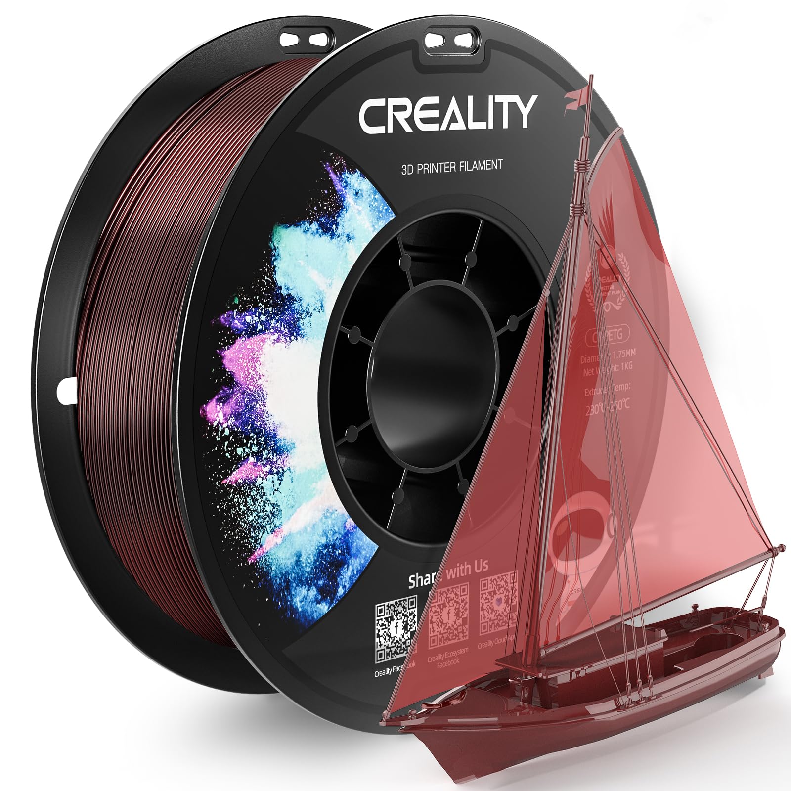 CREALITY PETG Filament 1.75mm 3D Printer Filament, 1kg (2.2lb) Neatly Wound Spool, Dimensional Accuracy ±0.03mm, Fit for Ender, Bambu Lab, Anycubic,ELEGOO FDM Printers, Transparent Wine Red