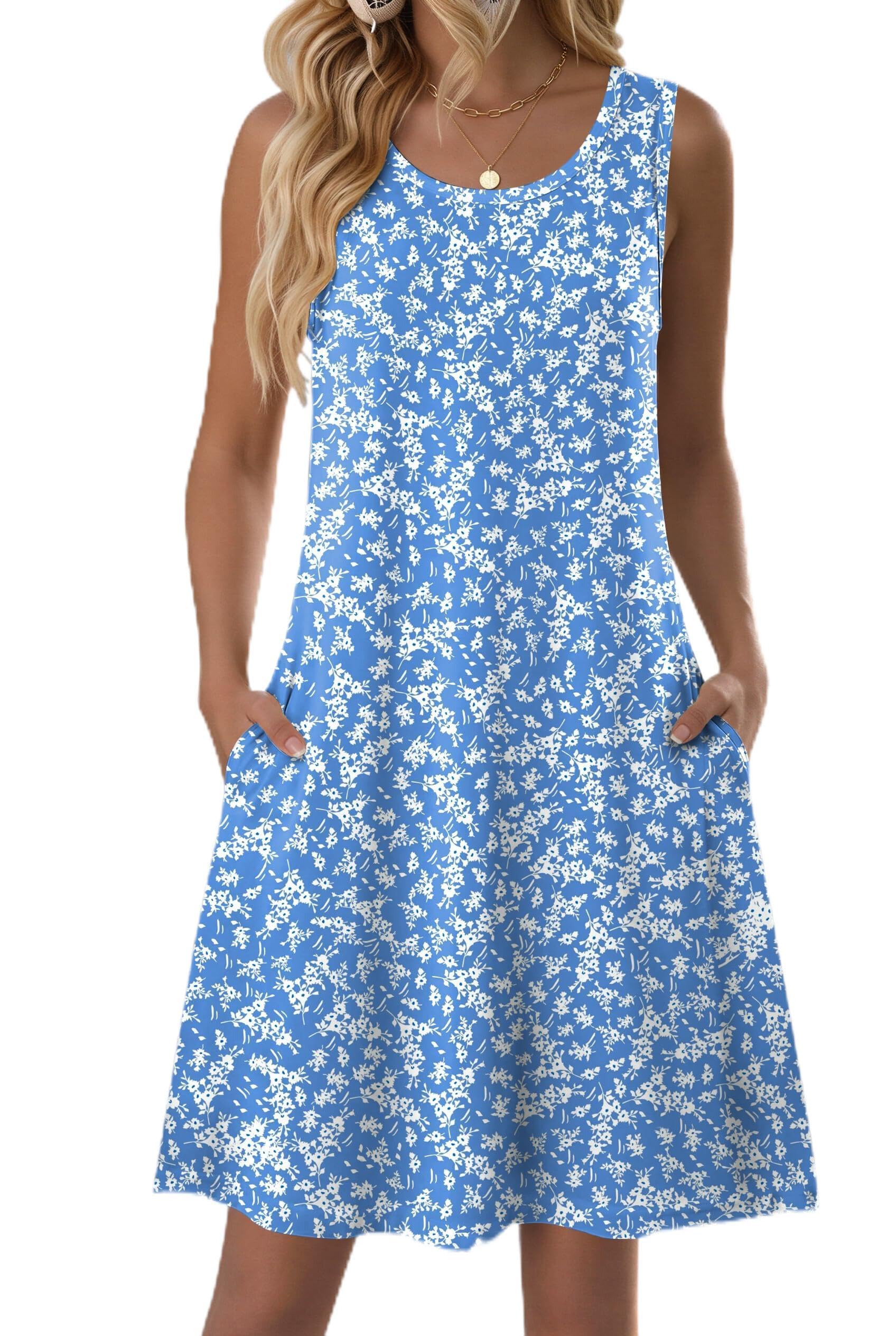 Zeagoo Summer Dresses for Women 2026 Sleeveless Casual Floral Tshirt Sundress with Pockets Loose Tank Beach Dress