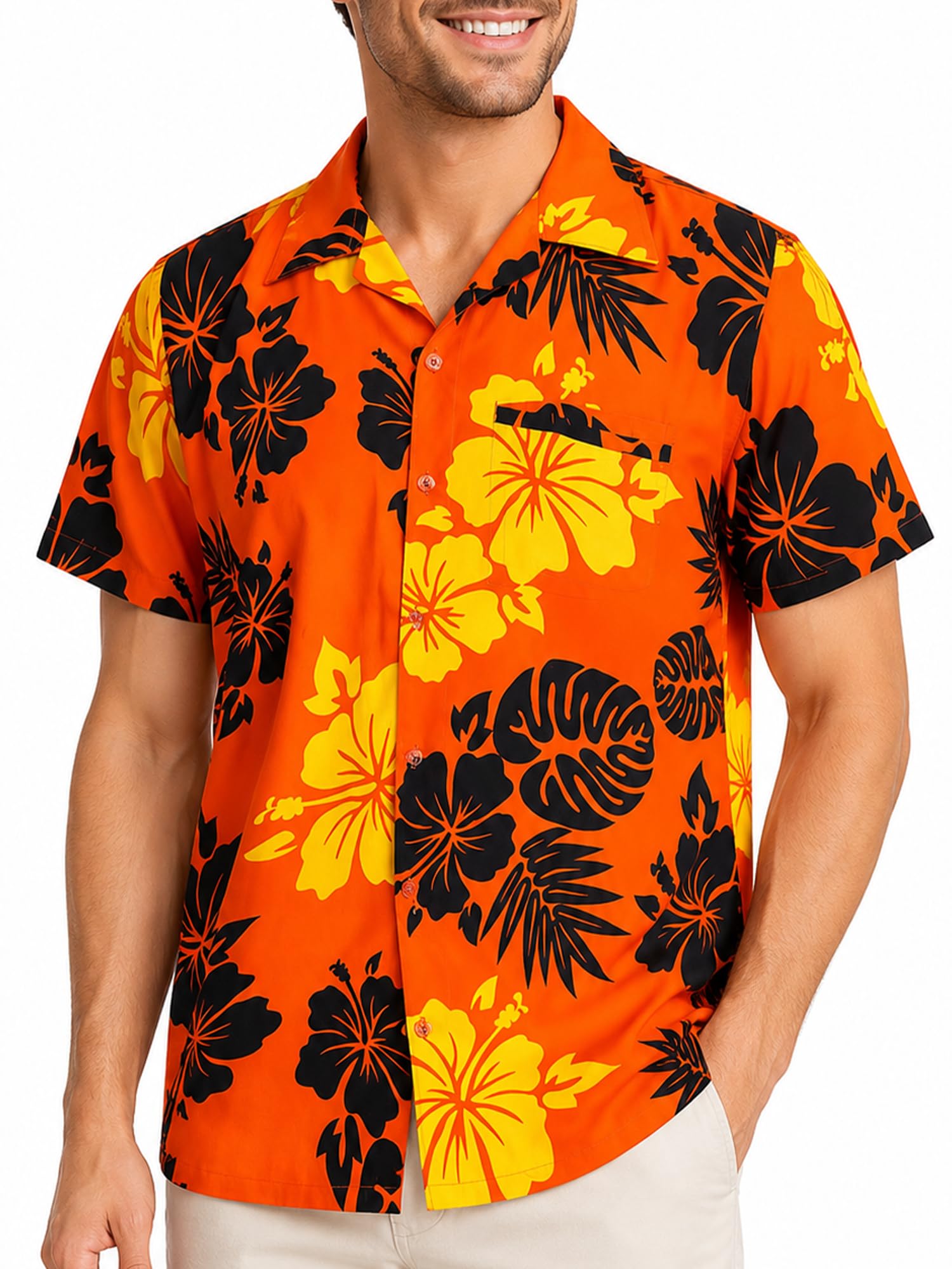 King Kameha Floral Hawaiian Shirt for Men – Tropical Men’s Hawaiian Shirt Short Sleeve, Mono-Hibiscus, Orange-Black, 5XL