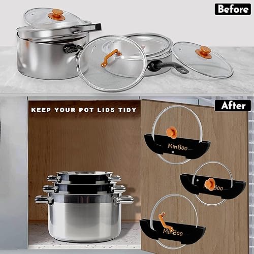 Miniatura 2 de MinBoo Organizador de tapa de olla de bambú para puerta de armario para pared de cocina, juego de 2 soportes para tapas de ollas y sartenes en el