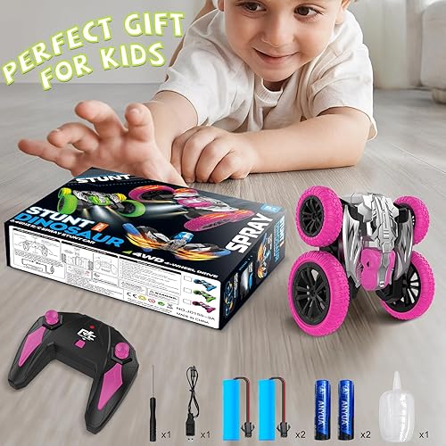 Miniatura 6 de Auto de control remoto, giratorio de 360 con luces y aerosol, 2.4Ghz 4WD de doble cara de conducción RC juguetes para niños, camión de dinosaurio al