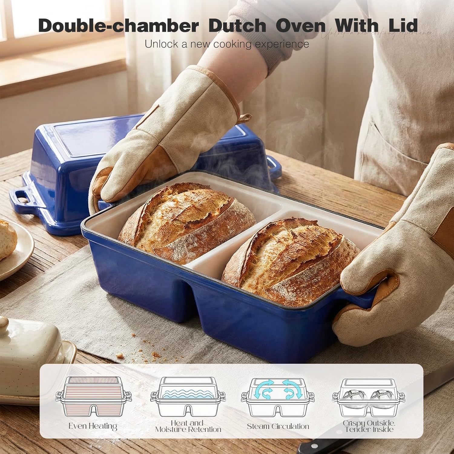 Double Dutch Oven for Sourdough Bread Baking, Enameled Cast Iron Dutch Oven with Lid, Double-Chamber Square Mini Sourdough Loaf Pan for Homemade Bread, Dark Blue