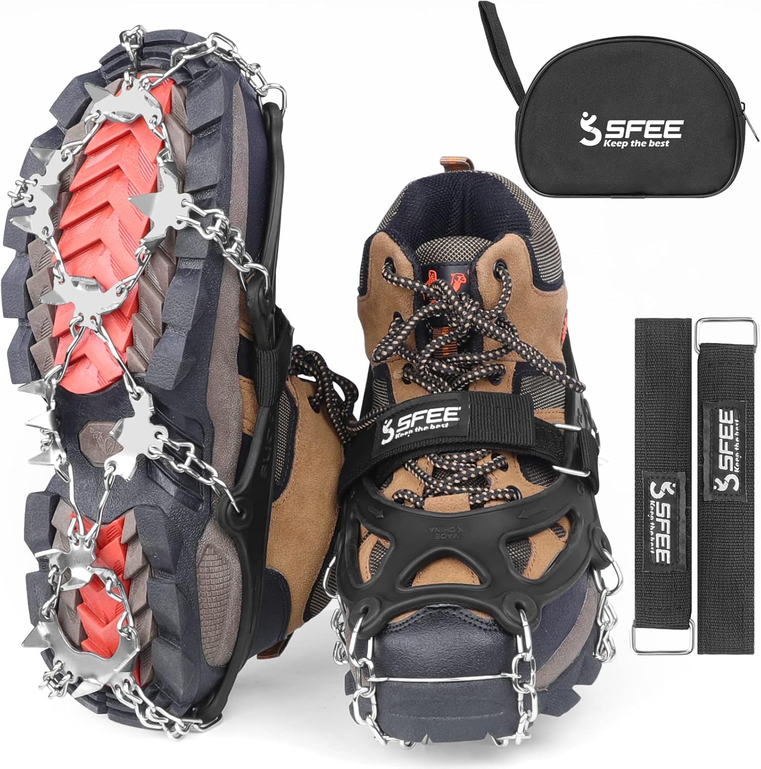 Sfee Ice Cleats for Boots, Crampons Snow Grips 24 Stainless Steel