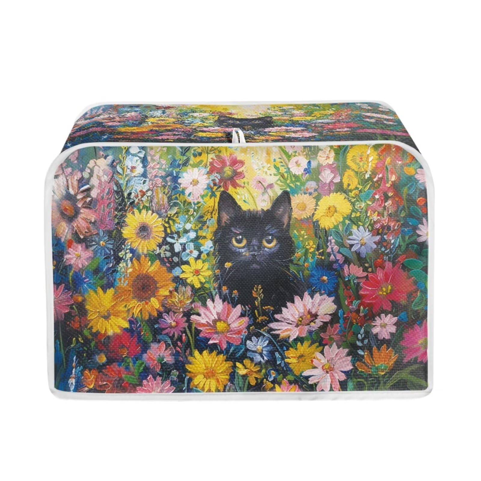 Xoenoiee Black Cat and Flowers Print Toaster Oven Cover - Dust Proof for Kitchen Small Appliance - 2 Slice