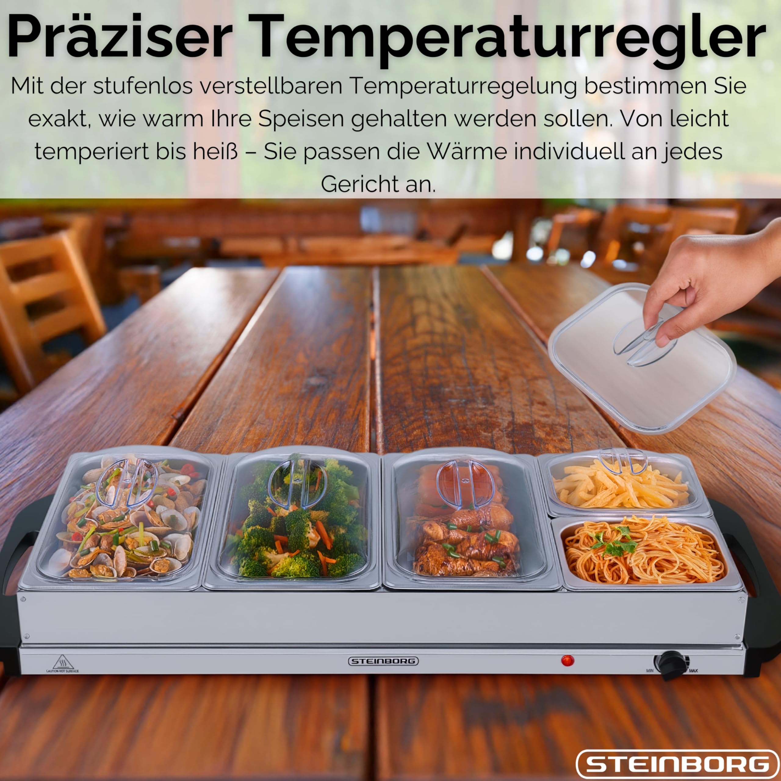 Steinborg Buffetwärmer XXL elektrische Warmhalteplatte 450 Watt 5 Speisebehälter 10 Liter