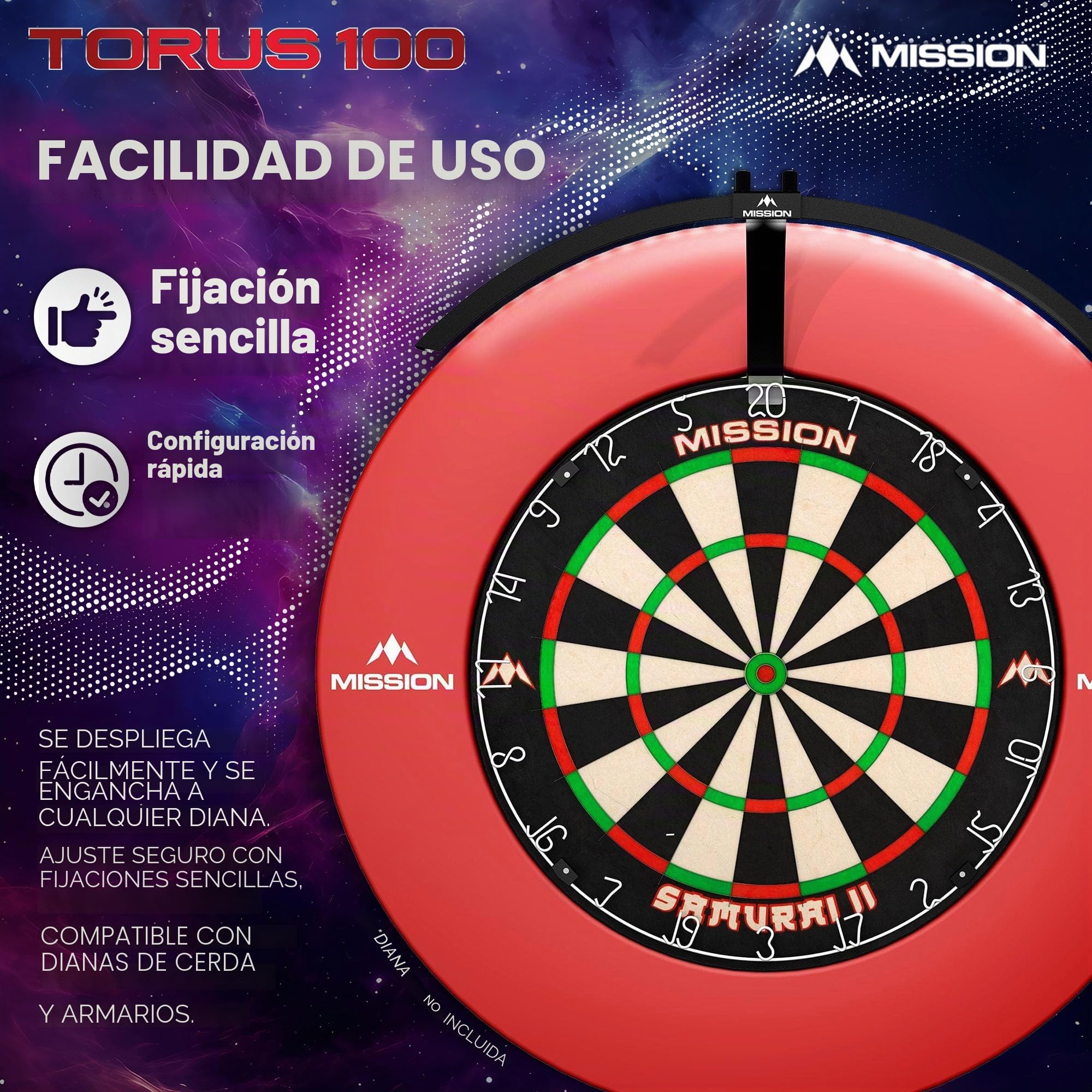 Mission Darts TOR100 Torus 100 | Tablero de Dardos LED Plegable portátil Sistema de iluminación de Viaje