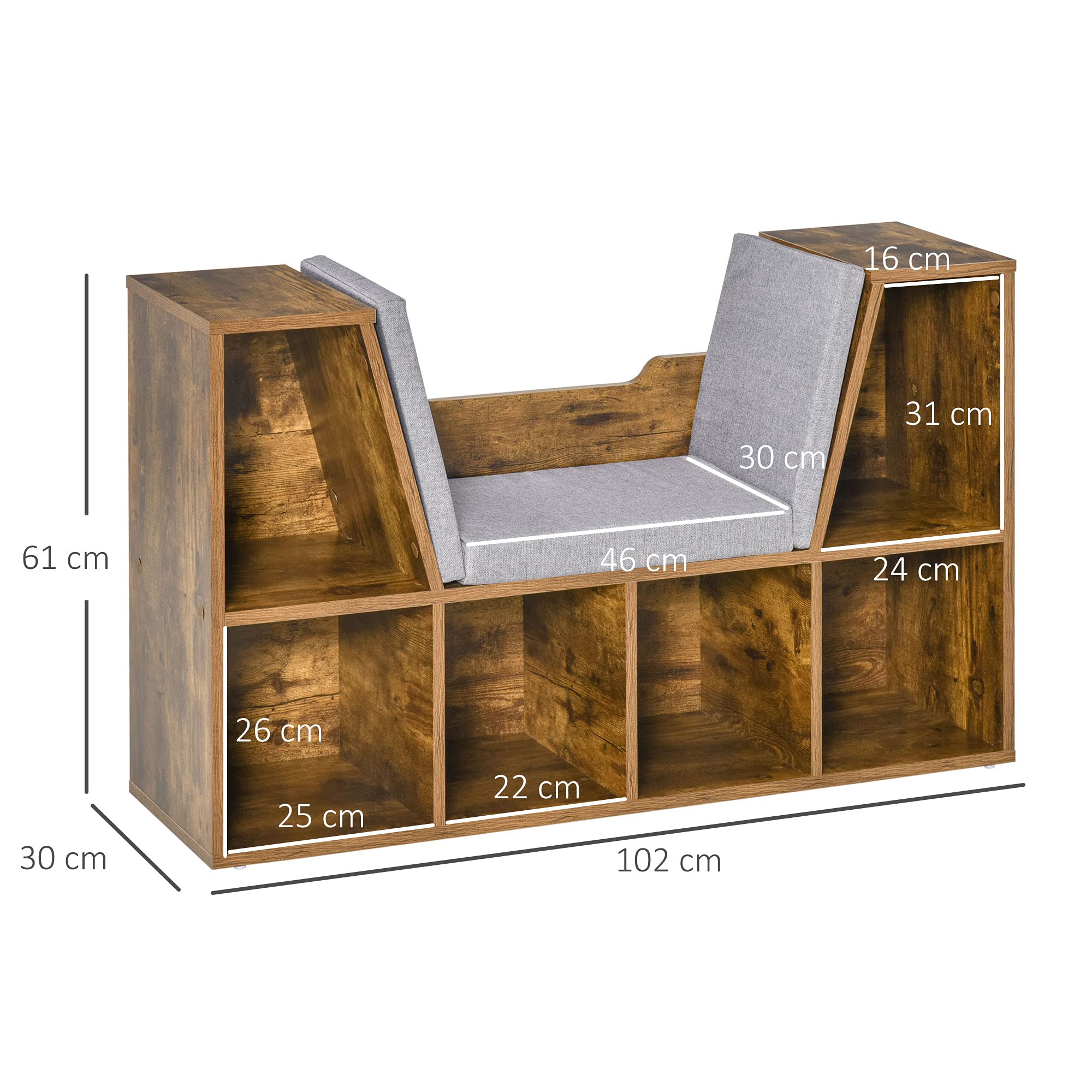 HOMCOM - Biblioteca banco 2 en 1 cojines de asiento (102 x 30 x 61 cm), color marrón | Estantería Cube, 6 Compartimentos Abiertos, 2 Niveles, Mueble de Almacenamiento, Salón, Dormitorio, Oficina