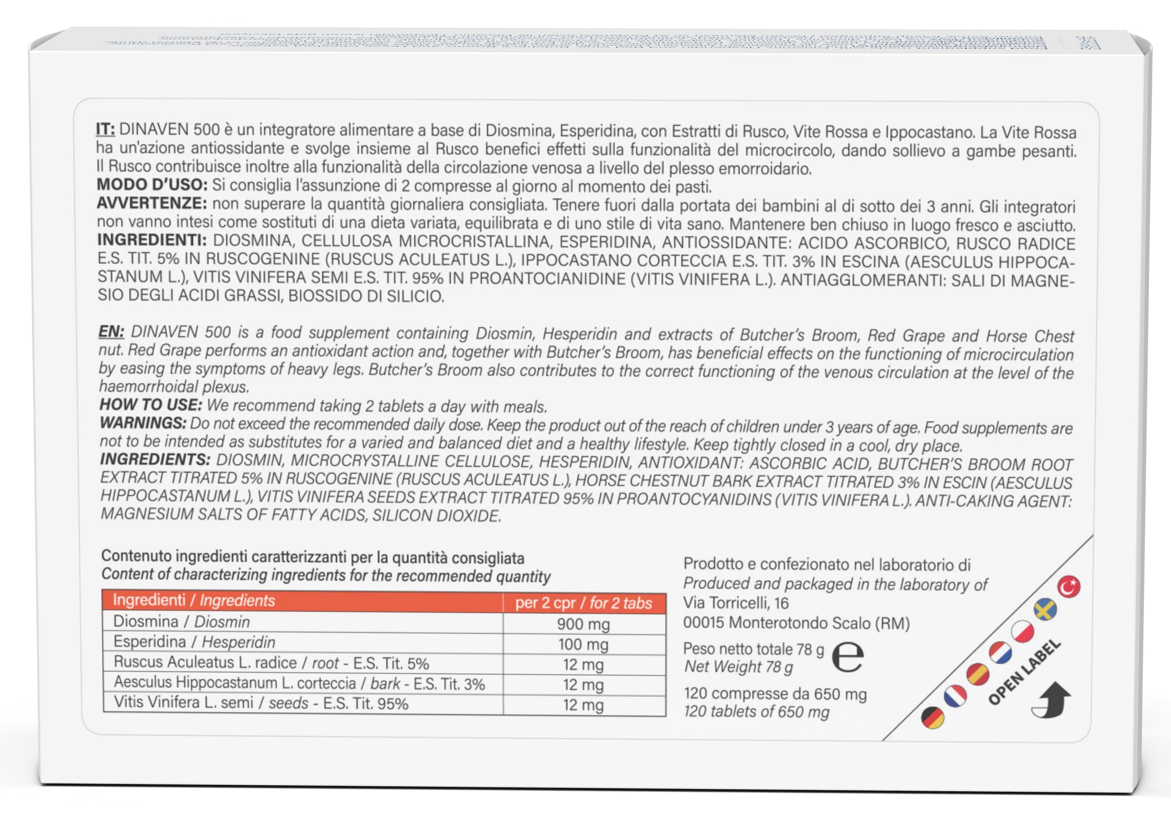 Dulac – Dinaven 500, Nahrungsergänzung für Schwere und Geschwollene Beine, 120 Tabletten, für Venen und Lymphdrainage Beine, Ideal bei Krampfadern, mit Diosmin und Hesperidin, Made in Italy
