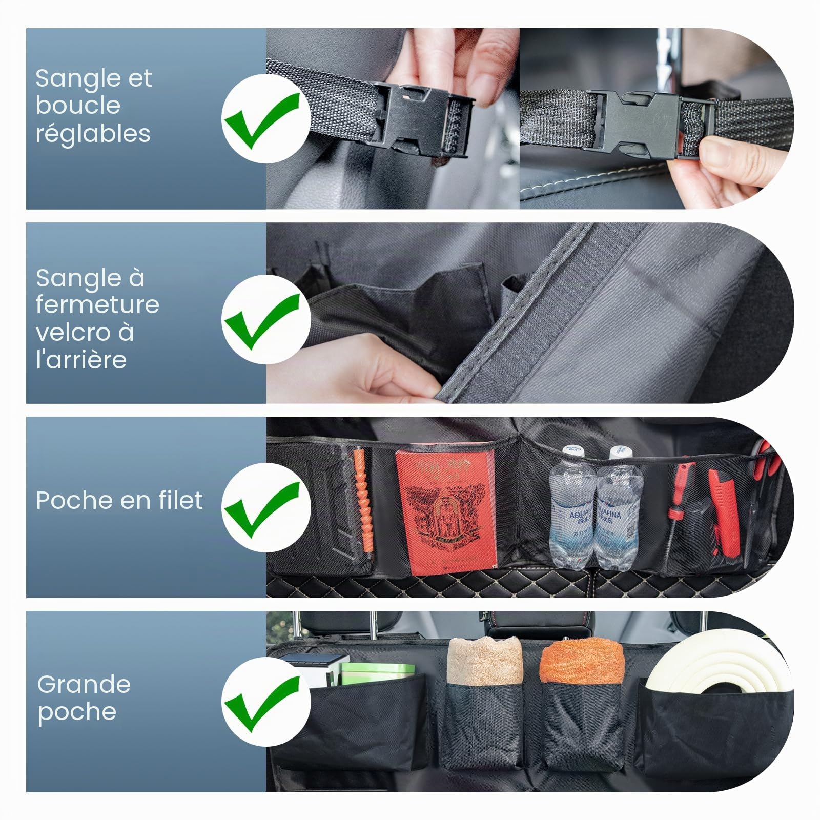 Rangement Coffre Voiture 1860D – Organisateur de Siège Arrière Pliable pour SUV, 8 Poches, Accessoire Voiture Enfant – Noir | Organiseur de coffre de voiture - Accessoires d'intérieur - Tissu Oxford 1680D imperméable - Noir