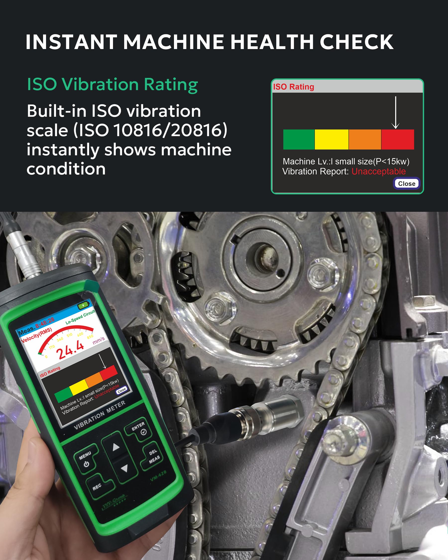 Industrial Vibration Meter – VM-428 Analyzer with External Sensor & PC Software, Acceleration 0.1–300 m/s², Velocity 1–850 mm/s, Displacement 1–3300 µm, 30Hz–14kHz, ISO Machine Rating — Amazon image 7