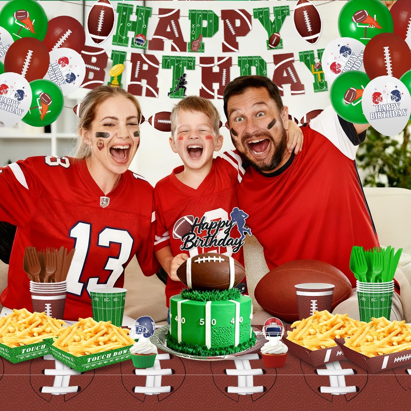 215 Pcs Football Birthday Party Decorations – Serve 24, Football Themed Party Supplies Kit with Food Tray, Banner, Cake Topper, Plates, Cups, Tablecloth & Balloons for Game Day Tailgate Decor