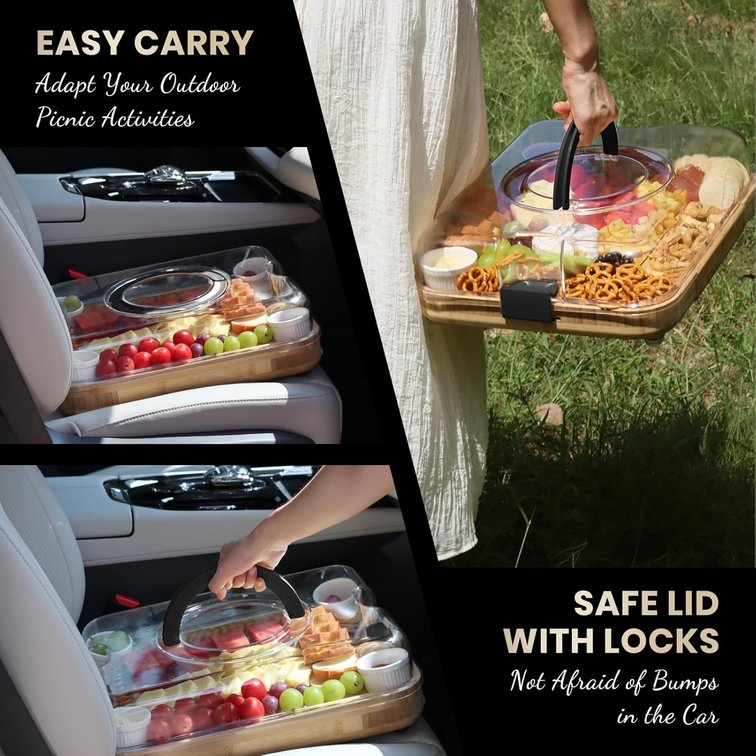 Charcuterie Boards - Cheese Board Set, Charcuterie Board with Lid, Gifts for Women, Cheese Plate for Housewarming, Convenient Lid Design with Handle (3 Drawers Black)