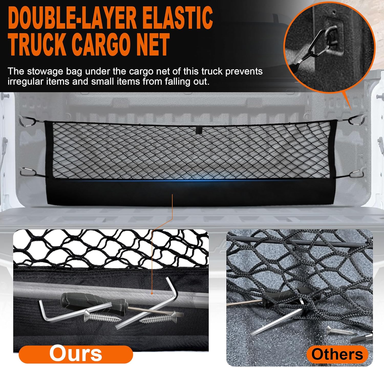 Truck Cargo Net for Chevy Colorado & GMC Canyon 2023-2025 Accessories, Envelope Style Pickup Cargo Net with Storage Bag, Heavy Duty Elastic Mesh Organizer with Carabiners, Secures Groceries & Gear