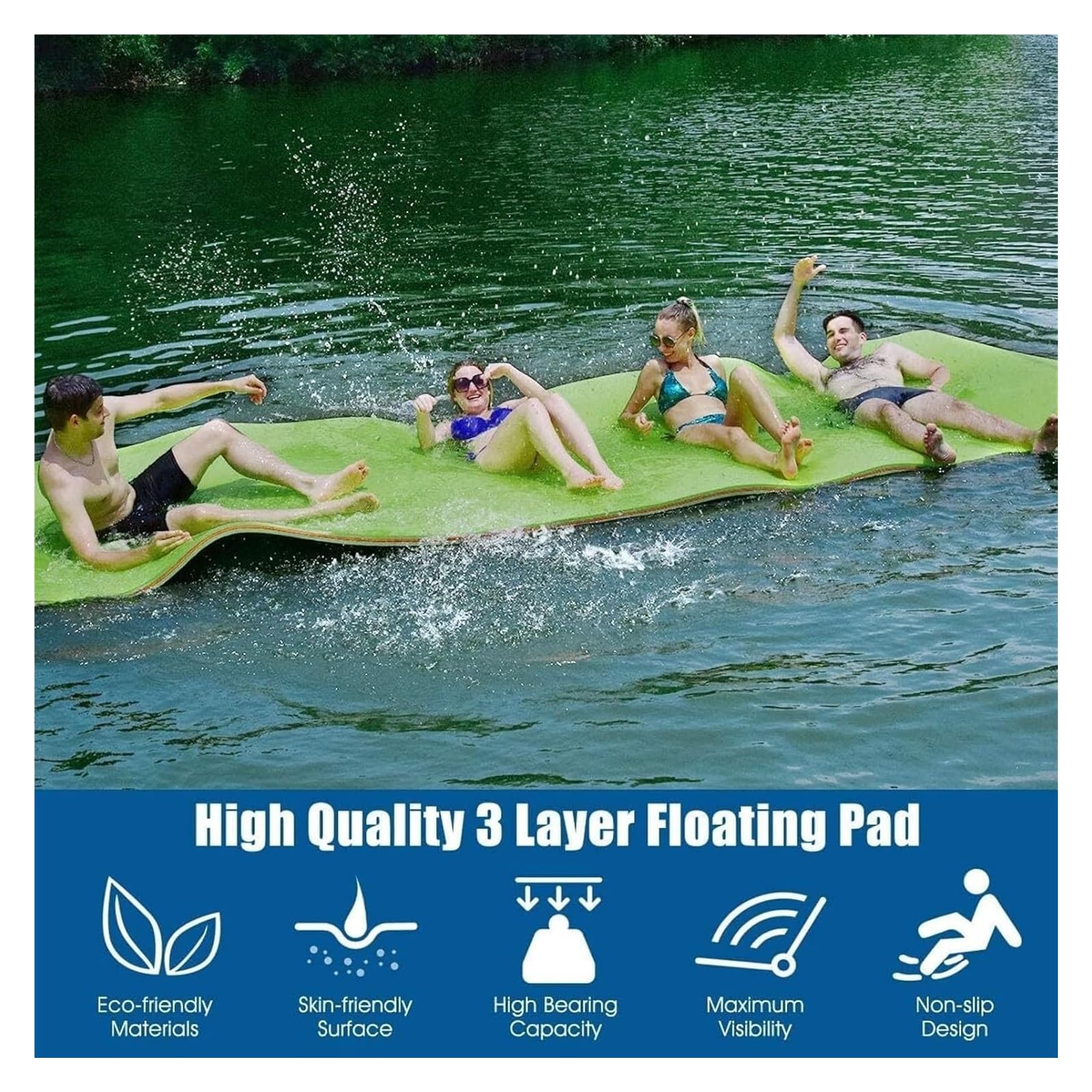 Materasso galleggiante per acqua in schiuma, per relax e svago, ideale per feste in piscina per animali domestici, 2,7 m x 1,3 m x 3,3 cm, colore: verde