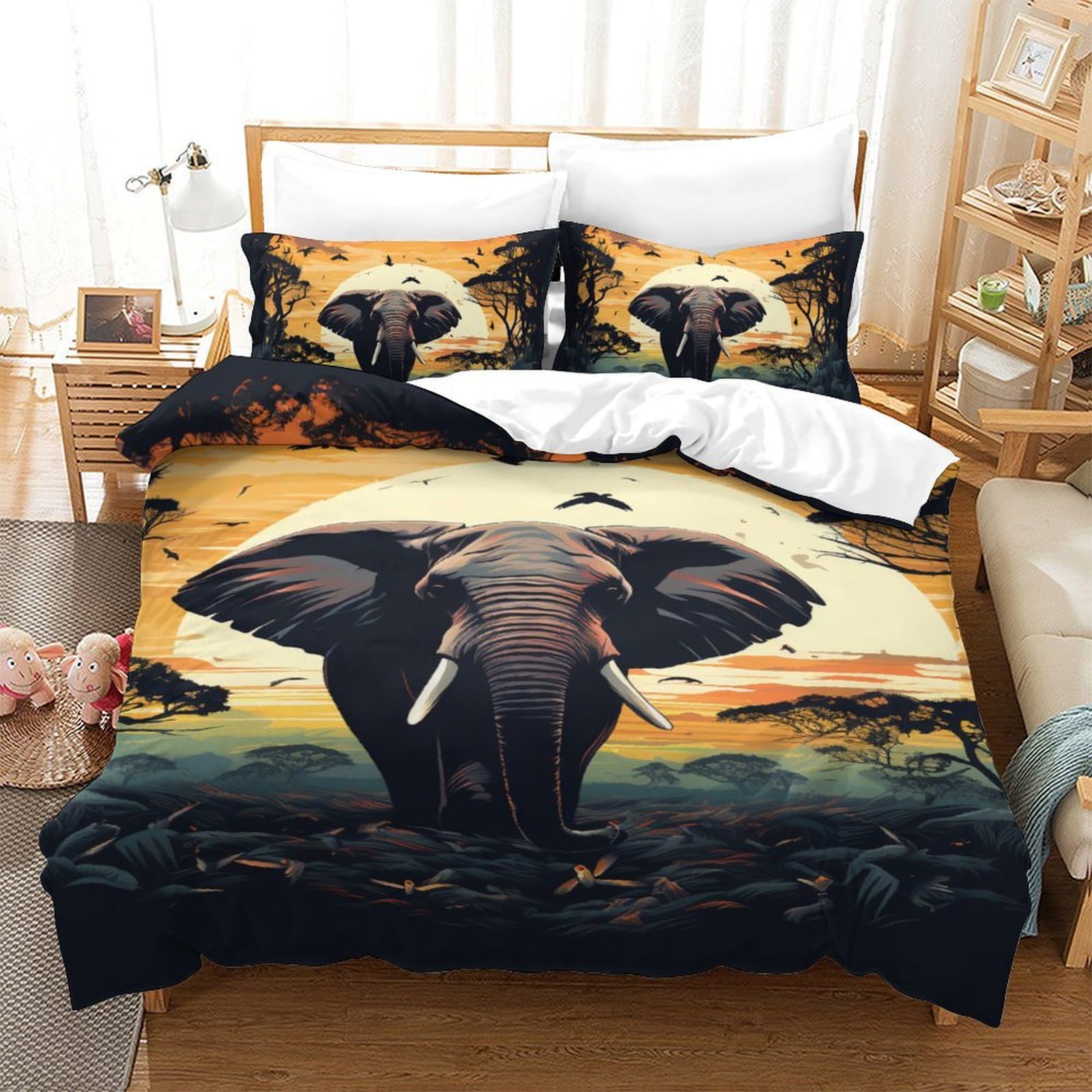 Housse de couette antibactérienne et respirante motif éléphant 3 pièces