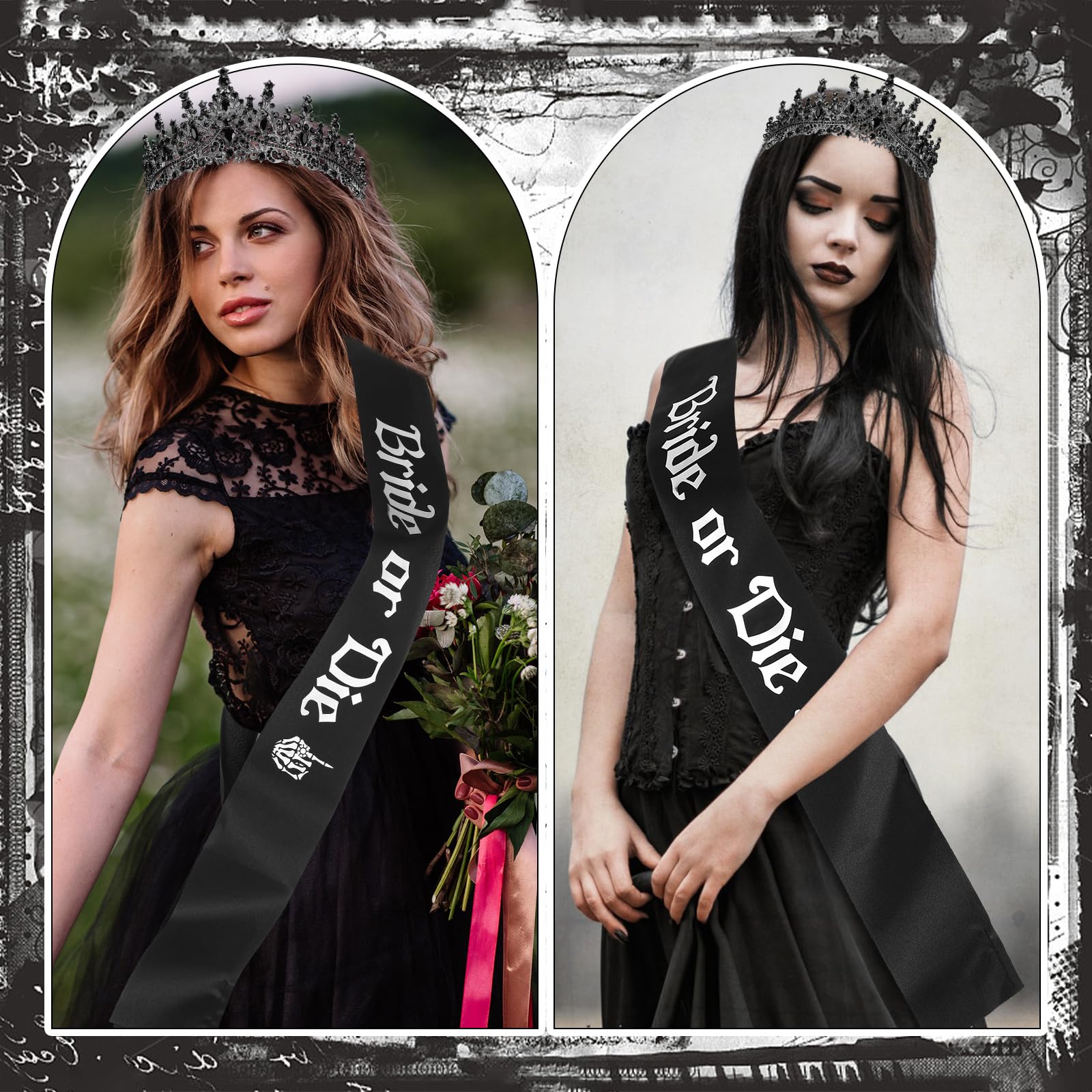 Panitay Juego de 3 piezas de decoración de novia o troquel para despedida de soltera, corona de novia, velo para decoración de boda negra, accesorios góticos para el día de la boda de Halloween,