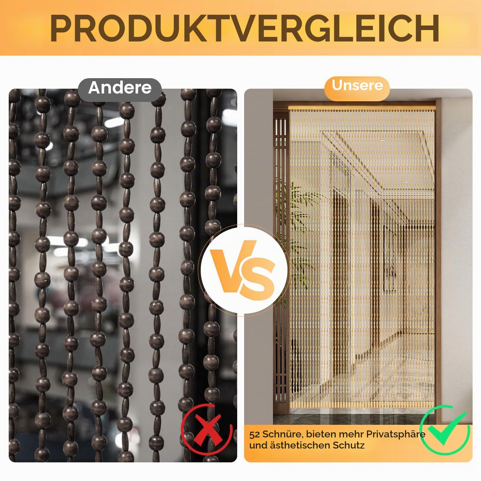 Perlenvorhang Balkontür 90x200cm, Türvorhang Bambus Stil mit 52 Strängen, Insektenschutz Vorhang aus Holzperlen für Balkon, Schlafzimmer, Camping, Dekorativer Türvorhang Handgefertigt (Holzfarbe)