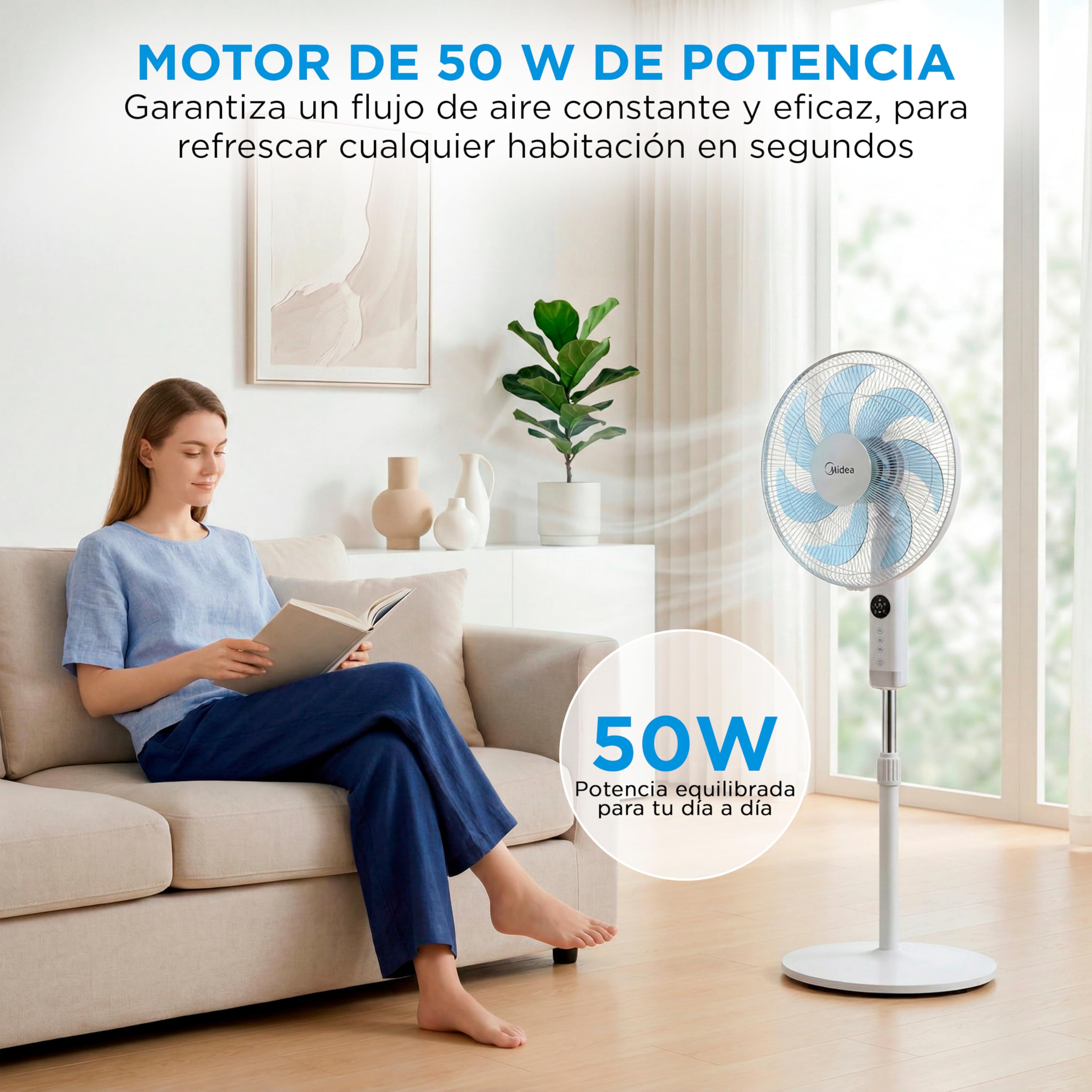 Midea Ventilador de Pie silencioso con Mando a Distancia y 3 velocidades - Ventilador Silencioso Oscilación 90º- Ventilador de Pie con Mando Temporizador 7h, Panel LED, Potente Motor, Altura Ajustable