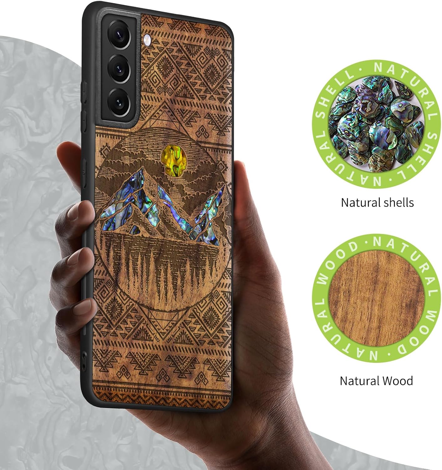Carveit Designer Wooden Cover for Samsung Galaxy S22 Plus Case [Wood Engraving & Shell Inlay] Compatible with Wireless Chargers S22 Plus (Aztec Alpine Lakes-Walnut)