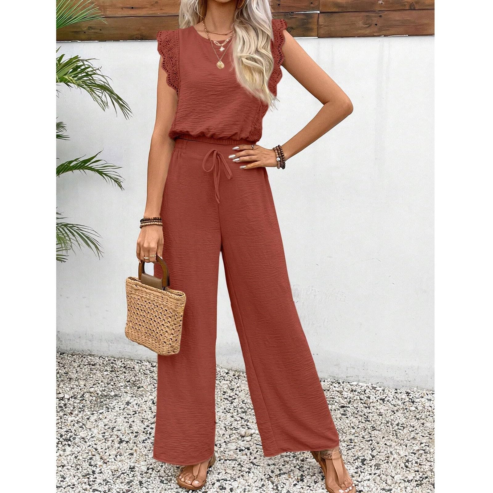 Atuendo Mujer Moderno Primavera Cintura Alta Tops Y Pantalones Sin Mangas Sportiva Tejer Delgado Color Sólido