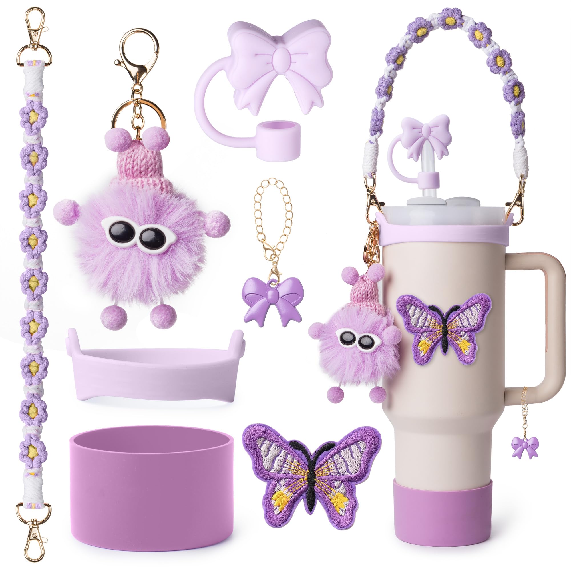 Stanley Cup Accessories Set I Water Bottle Handle Strap, Silicone Cup Boot, Lipstick Holder, Keychain Charms & Handle Charms,Straw Topper Accessories
