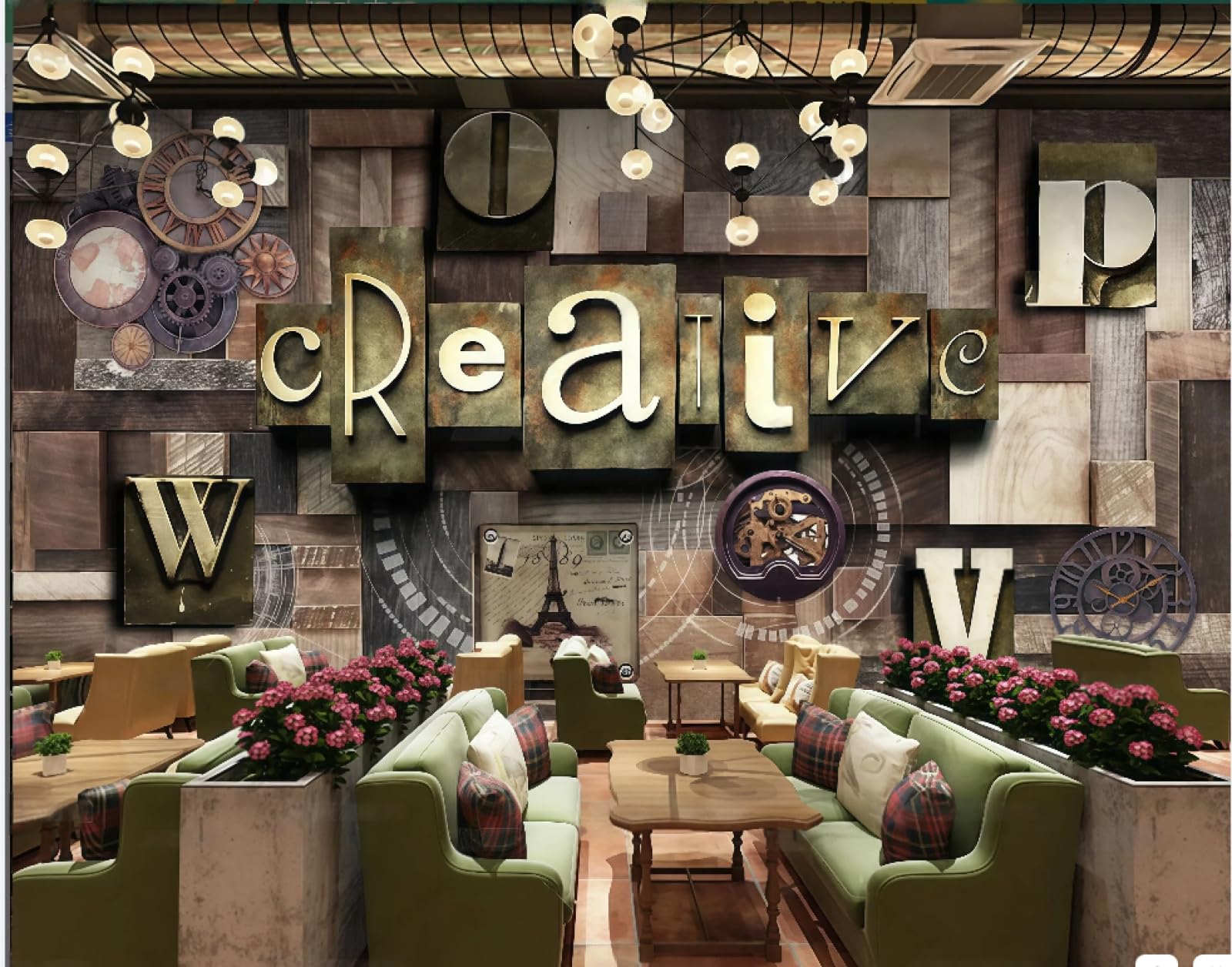 Tapeta retro drewniana deska trójwymiarowy metalowy zegar litery bar sklep z napojami zachodnia restauracja tło fototapeta popołudniowa herbata kawiarnia tapeta 3D, 250 x 175 cm
