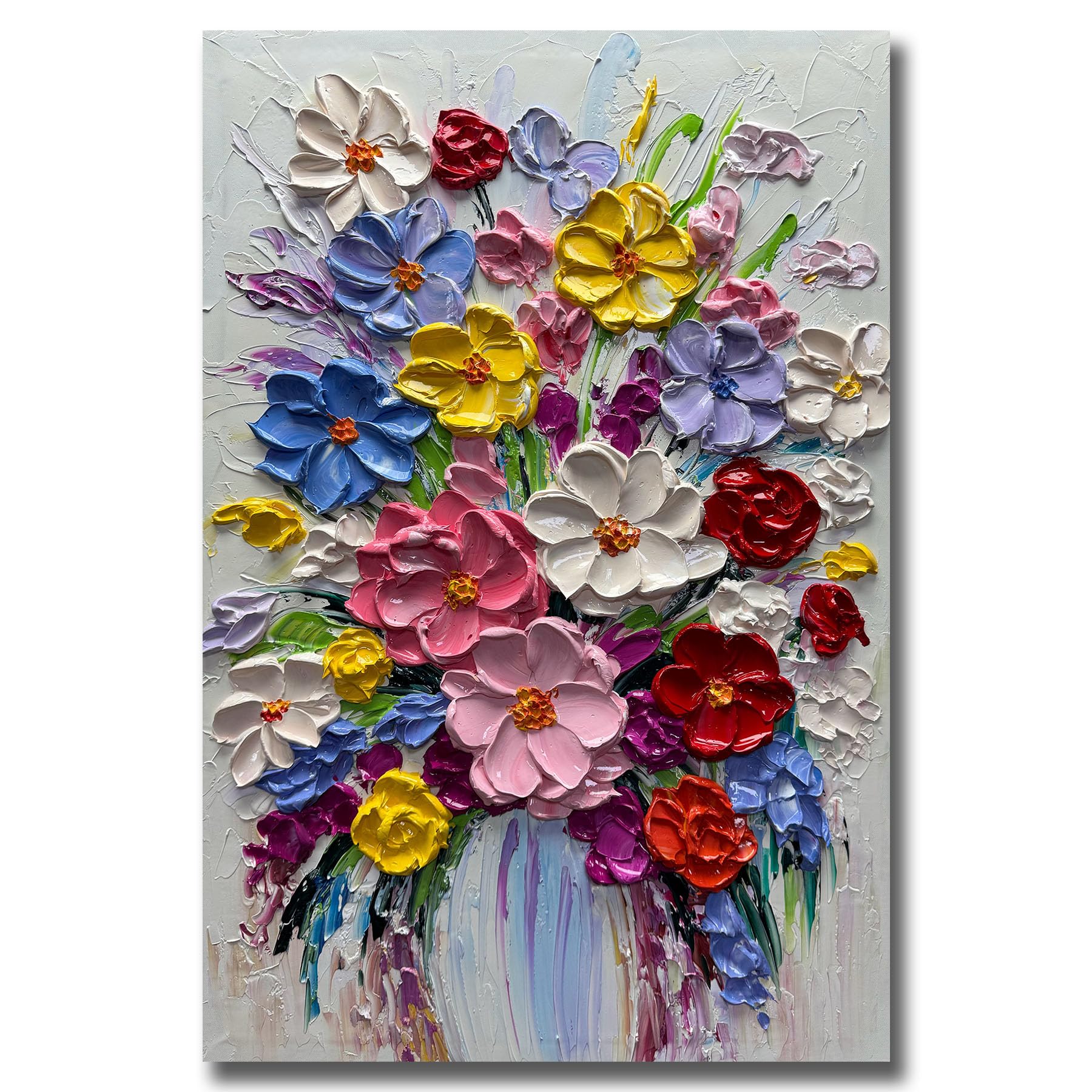 V-inspire Art,24 x 36 Inch Modern 100% Hand-Painted Abstract Oil Painting Colorful Bouquets Full 3D Flower Murals Living room Bedroom Wall Decoration