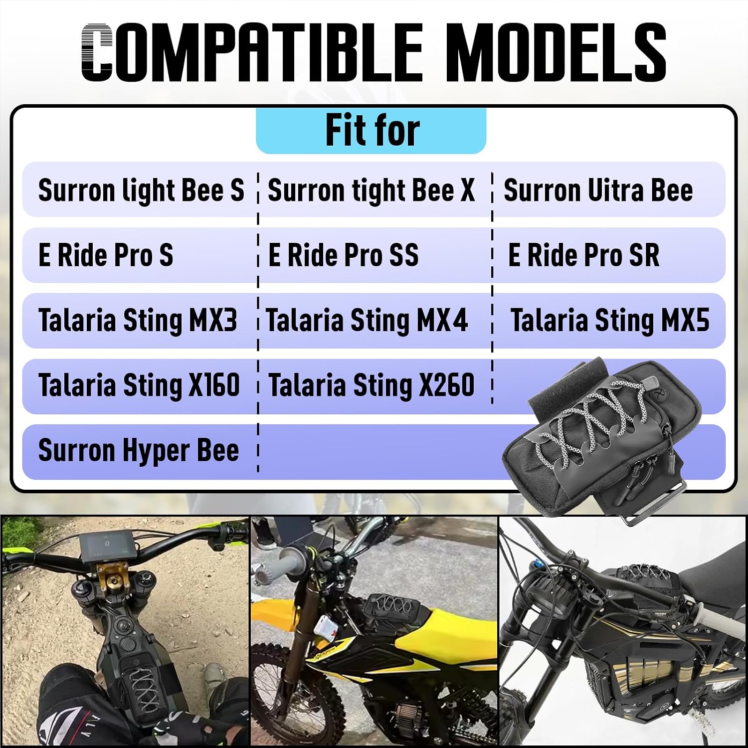 Black Battery Frame Bag for Electric Dirt Motorcycle Compatible with Surron Light Ultra Hyper Bee/E Ride Pro SS S SR/Talaria Sting MX3 MX4 MX5/Talaria X160 X260, Used for Storage