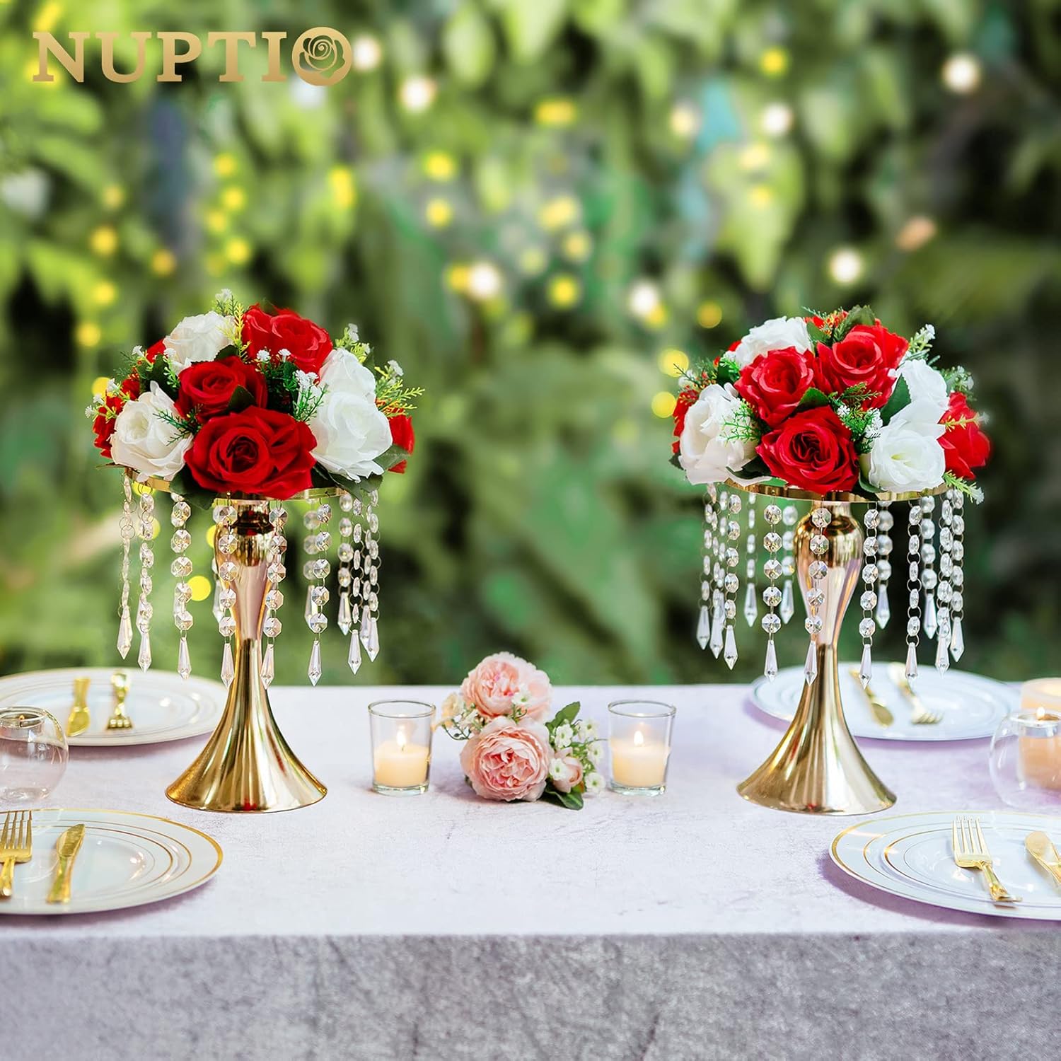 Nuptio 2 Pcs Crystal Flower Stand Wedding Centerpieces for Tables, 10.2in/26cm Height Flower Holders Centerpiece Metal Flower Vase for Wedding Party Reception Dining Room Living Room Decor